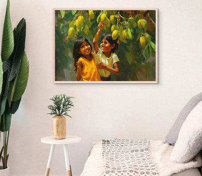 Happy Children under a Mango Tree, Mango Art Print, Indian Artwork, Mexican Decor, Home Decor, Asian Art Print, Childhood Memory Gift Wall Art – Canvas Print