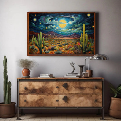 Mexican Desert Night Large Canvas Painting, Sonoran Desert Wall Art, Mexican Cactus Wall Art, Framed Print Stretched Canvas Ready To Hang Wall Art – Canvas Print