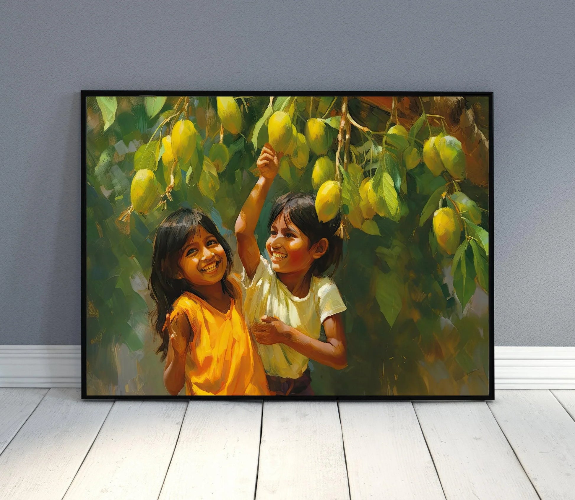 Happy Children under a Mango Tree, Mango Art Print, Indian Artwork, Mexican Decor, Home Decor, Asian Art Print, Childhood Memory Gift Wall Art – Canvas Print