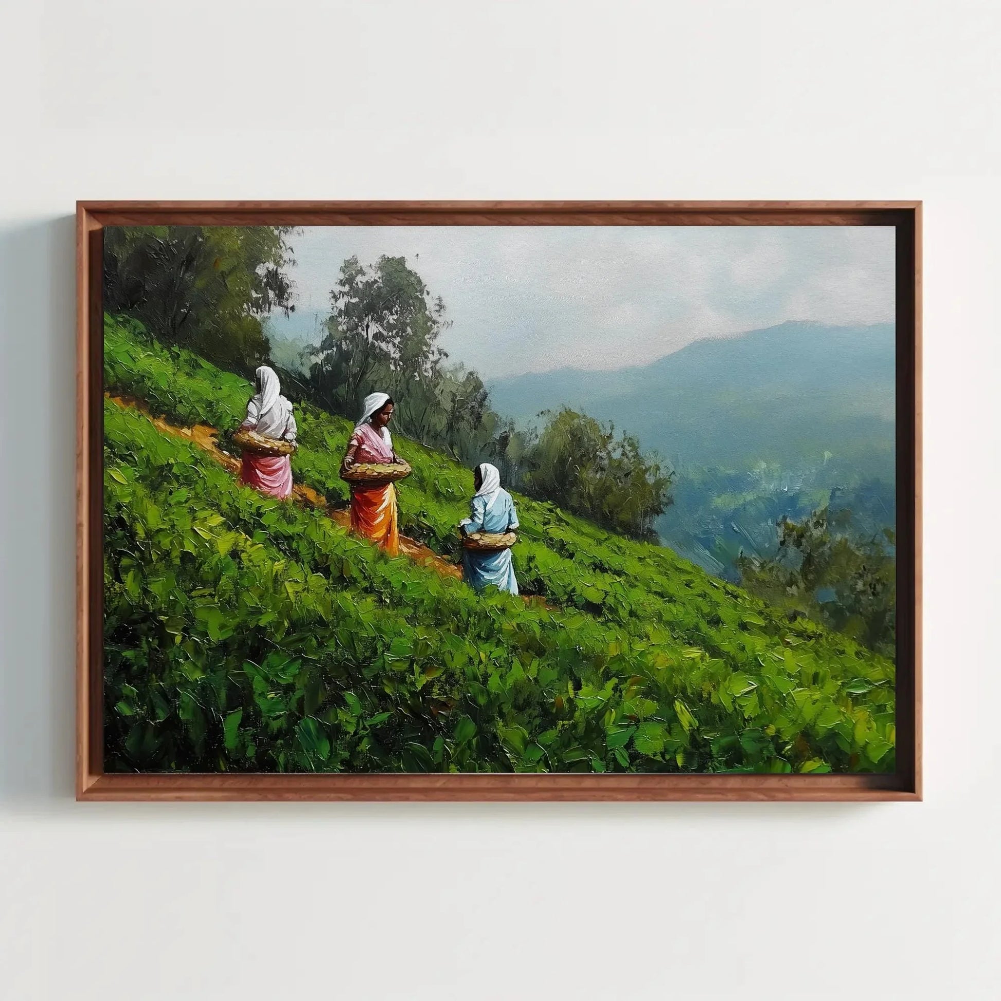 Kerala Tea Plantation Painting Canvas Print | Women Working in Tea Fields | South Indian Landscape Wall Art | Indian Cultural Decor Wall Art – Canvas Print