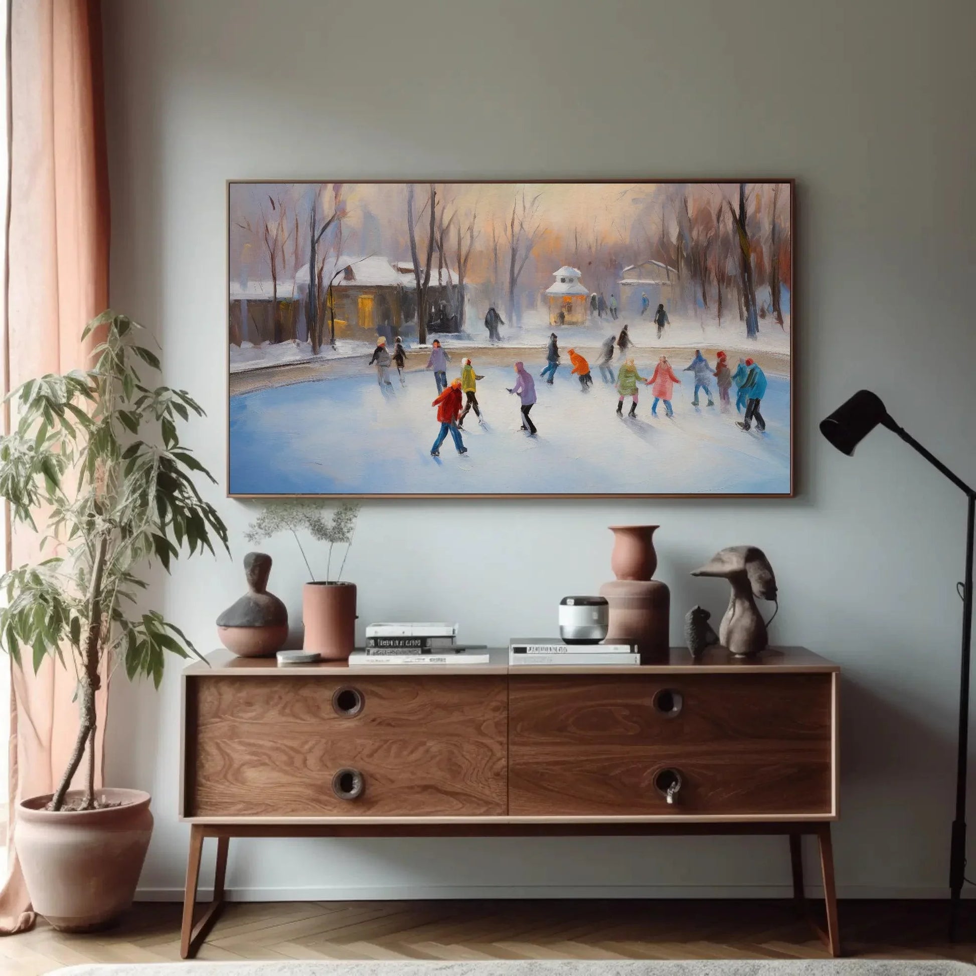 Ice Skating Oil Painting - Scenic Winter Scene - Christmas Wall Art - Christmas Decor Gift - Indoor Ice Skating Rink Decor - Christmas Gift Wall Art – Canvas Print