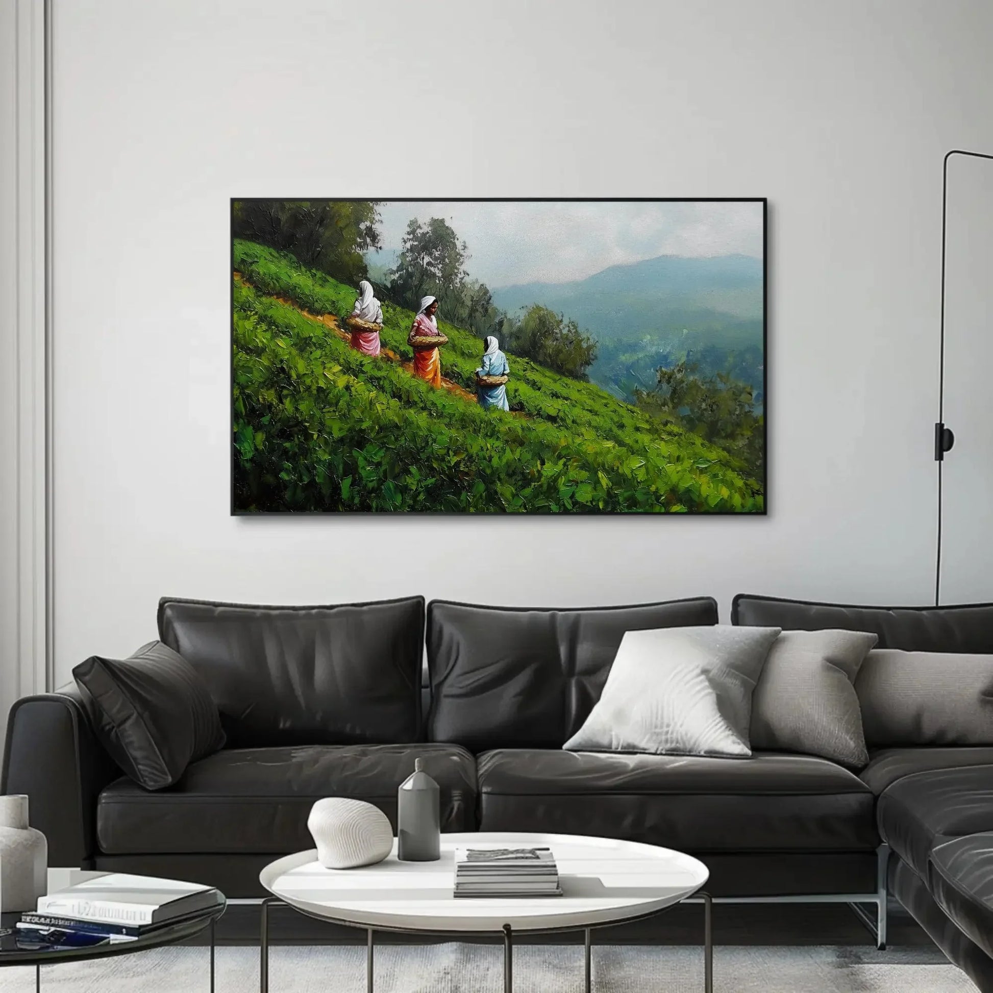 Kerala Tea Plantation Painting Canvas Print | Women Working in Tea Fields | South Indian Landscape Wall Art | Indian Cultural Decor Wall Art – Canvas Print