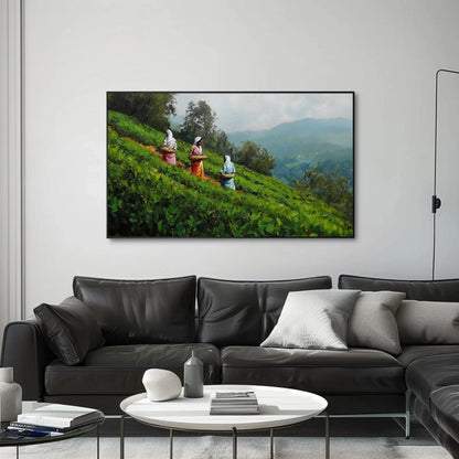 Kerala Tea Plantation Painting Canvas Print | Women Working in Tea Fields | South Indian Landscape Wall Art | Indian Cultural Decor Wall Art – Canvas Print