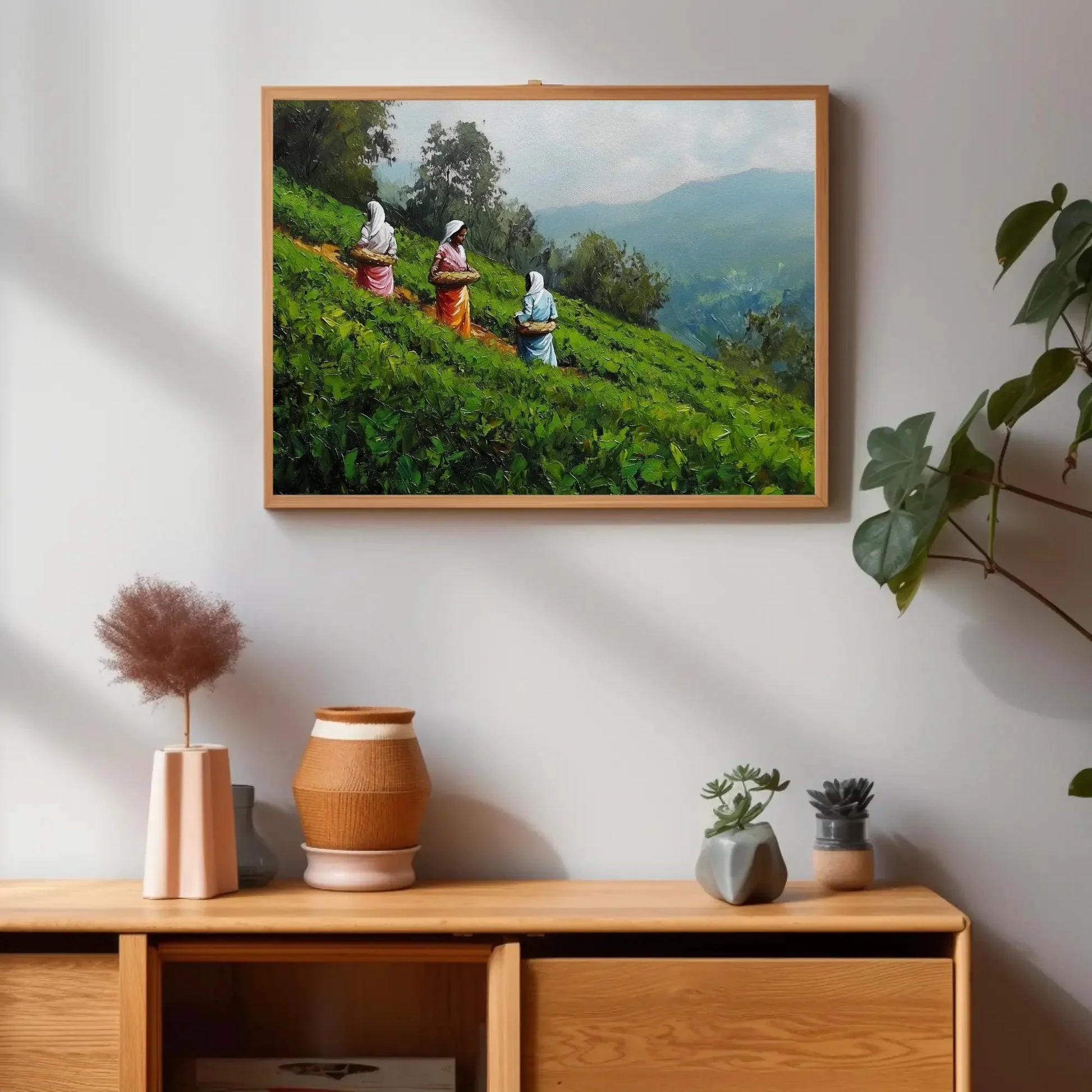 Kerala Tea Plantation Painting Canvas Print | Women Working in Tea Fields | South Indian Landscape Wall Art | Indian Cultural Decor Wall Art – Canvas Print