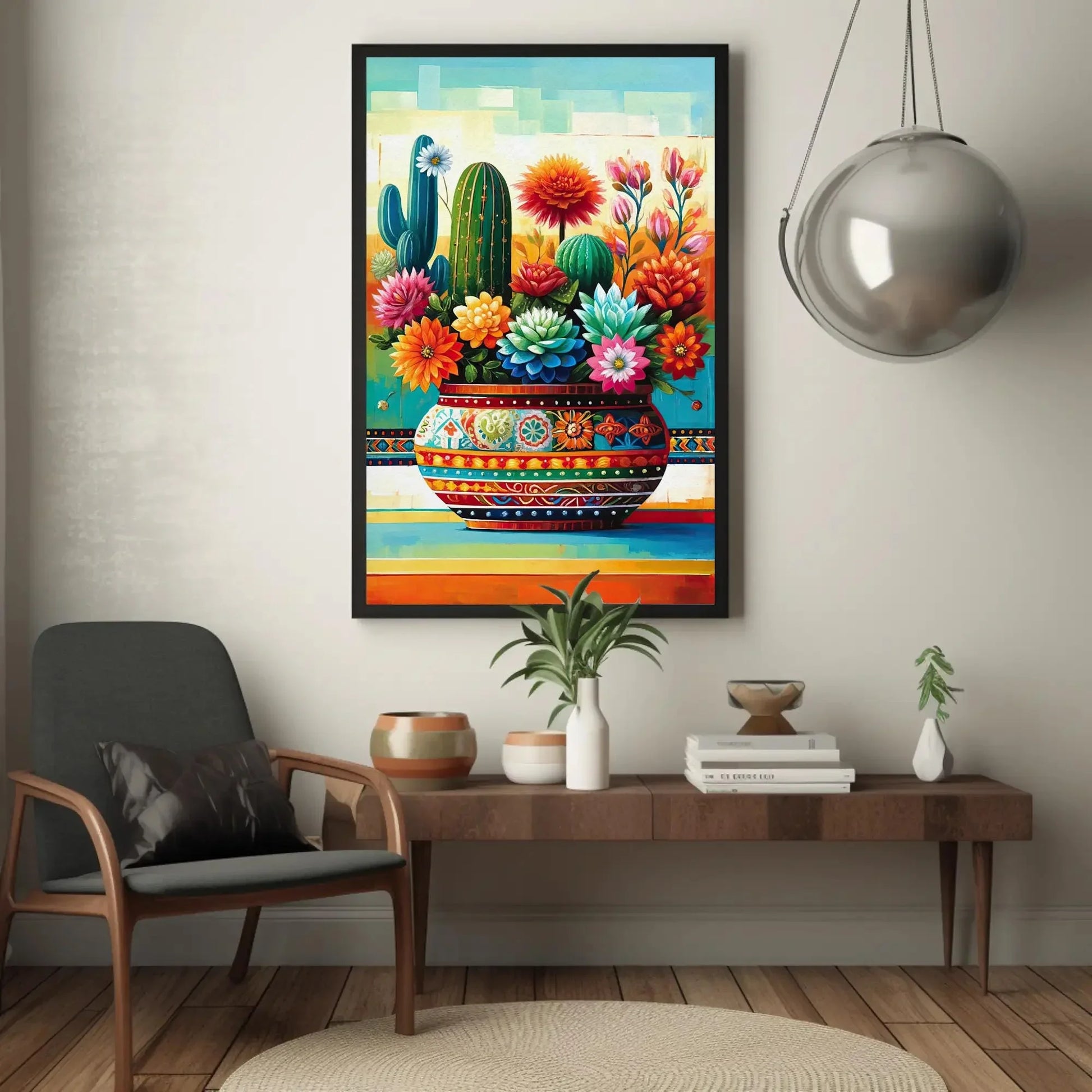 Cacti Fiesta Mexican Floral Wall Decor, Mexican Oil Painting, Mexico Cultural Wall Art, Mexican Painting, Mexican Framed Canvas Gift for Her Wall Art – Canvas Print