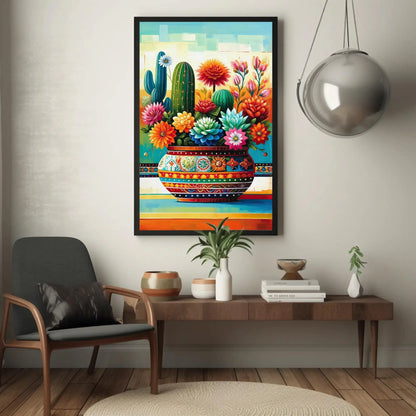 Cacti Fiesta Mexican Floral Wall Decor, Mexican Oil Painting, Mexico Cultural Wall Art, Mexican Painting, Mexican Framed Canvas Gift for Her Wall Art – Canvas Print