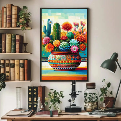 Cacti Fiesta Mexican Floral Wall Decor, Mexican Oil Painting, Mexico Cultural Wall Art, Mexican Painting, Mexican Framed Canvas Gift for Her Wall Art – Canvas Print