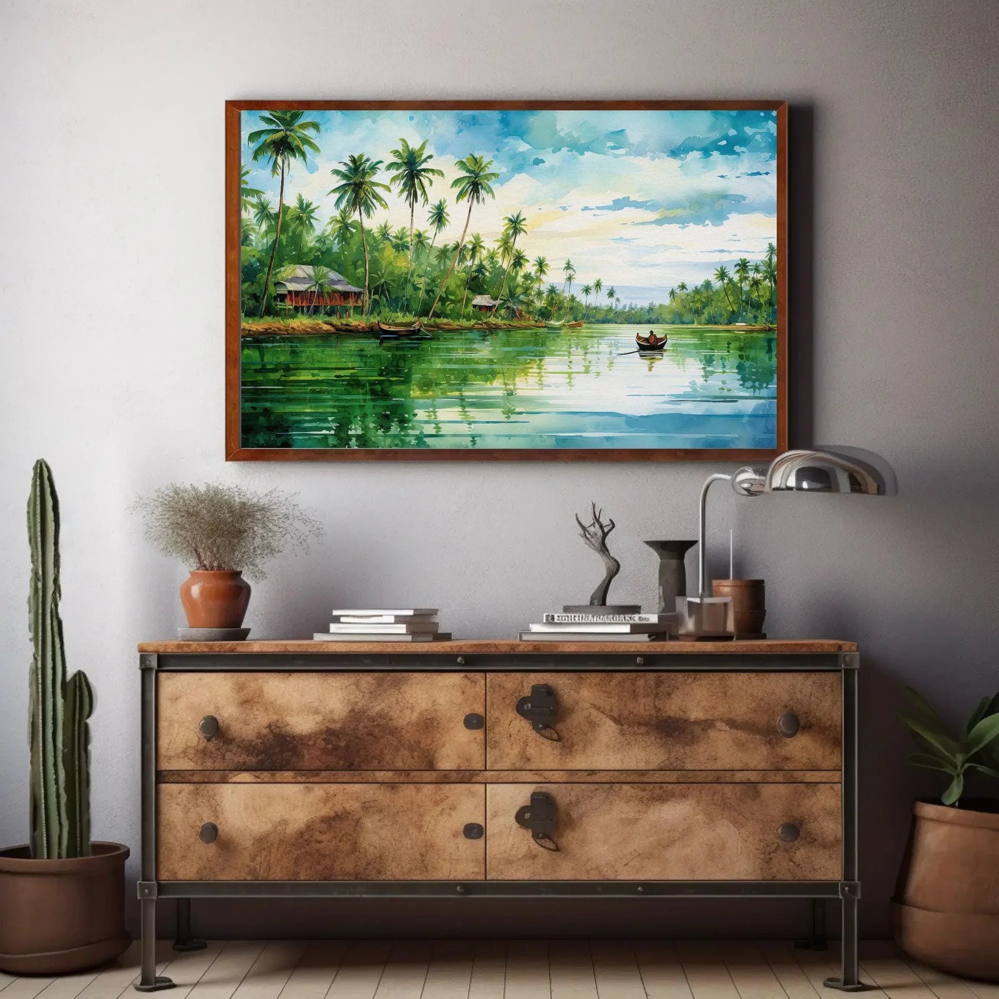 Kerala Landscape Painting - Modern South Indian Artwork for Desi Decor - India Inspired South Indian Artwork Wall Art – Canvas Print