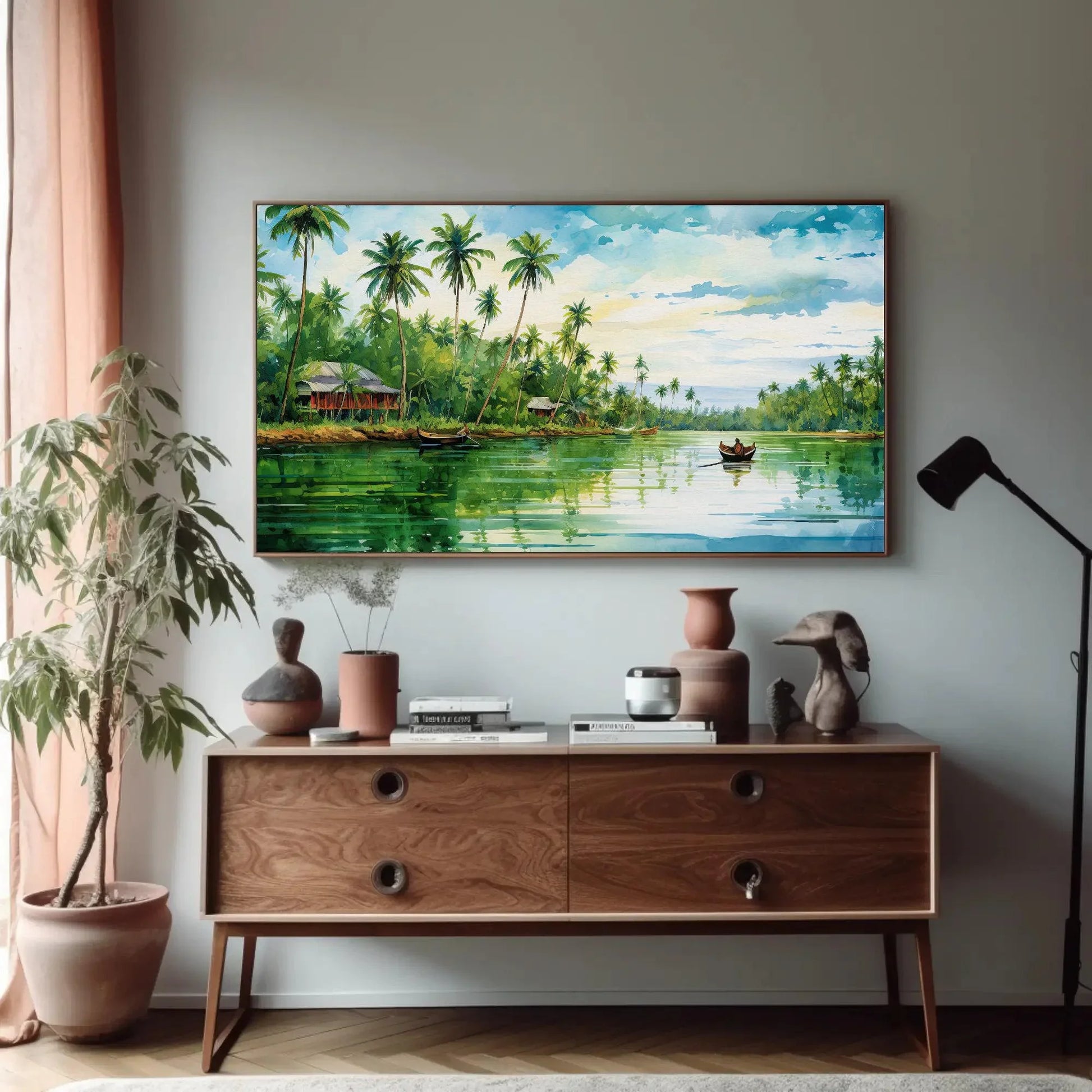 Kerala Landscape Painting - Modern South Indian Artwork for Desi Decor - India Inspired South Indian Artwork Wall Art – Canvas Print