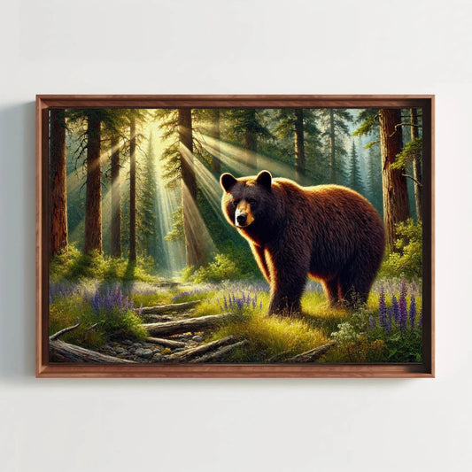 American Black Bear in Forest Rays and Meadow Wildflowers | Bear Wall Art Canvas Print | Framed Rustic Decor for Cabin Living Room Wall Art – Canvas Print