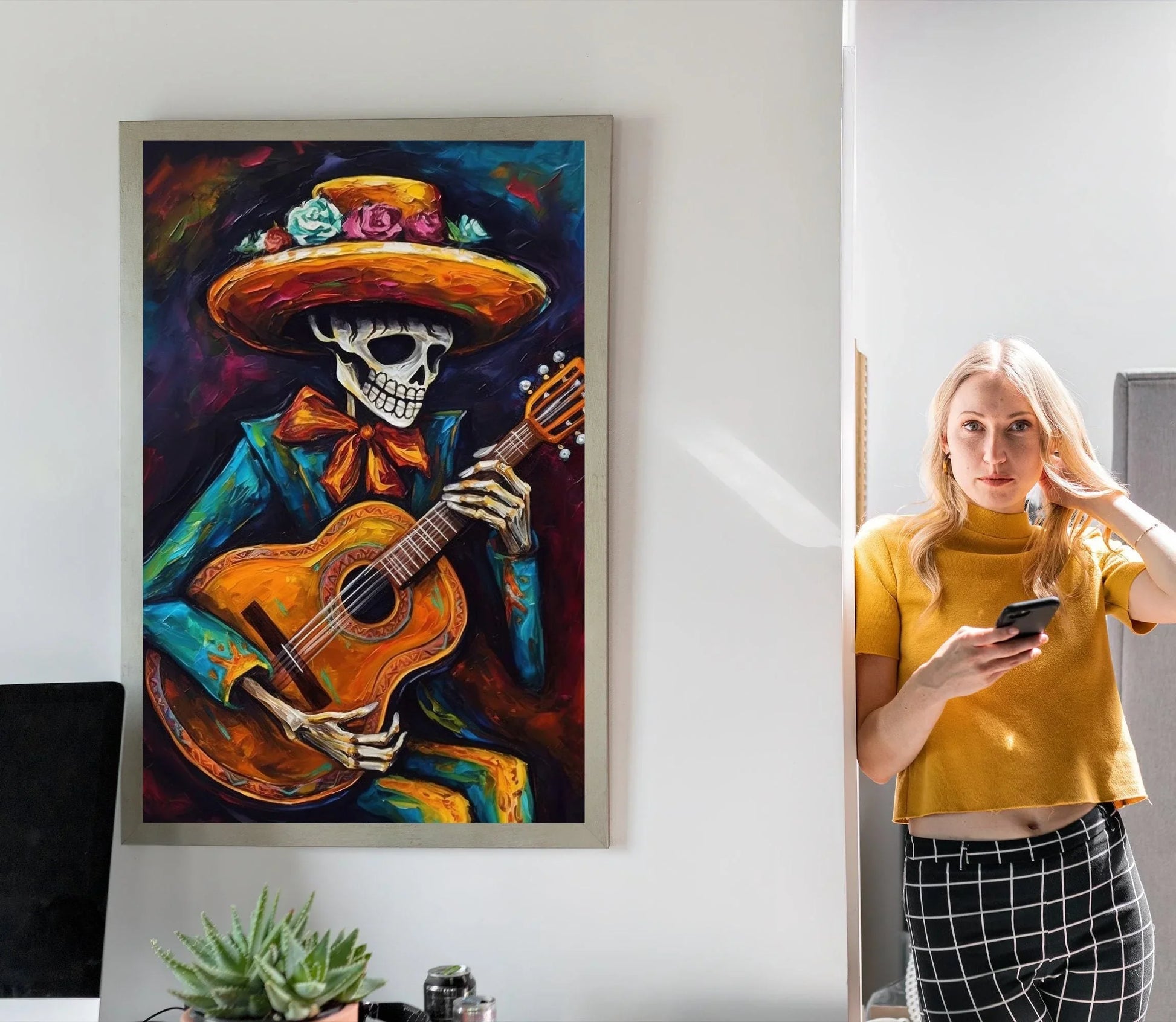 Mexican Mariachi Cowboy Skeleton Guitarist Wall Art Print Latino Art Chicano art Mexican Art Calavera Art Large Canvas Wall Art – Canvas Print
