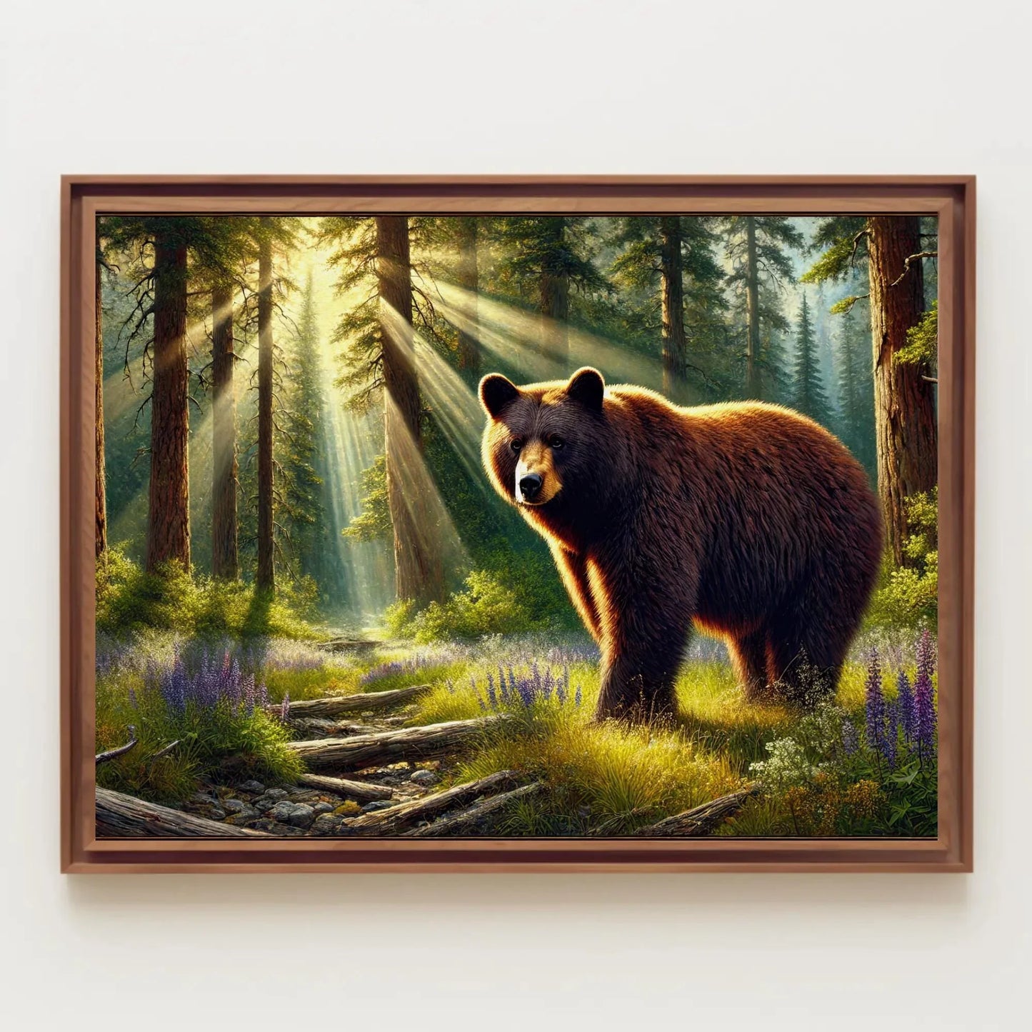 American Black Bear in Forest Rays and Meadow Wildflowers | Bear Wall Art Canvas Print | Framed Rustic Decor for Cabin Living Room Wall Art – Canvas Print