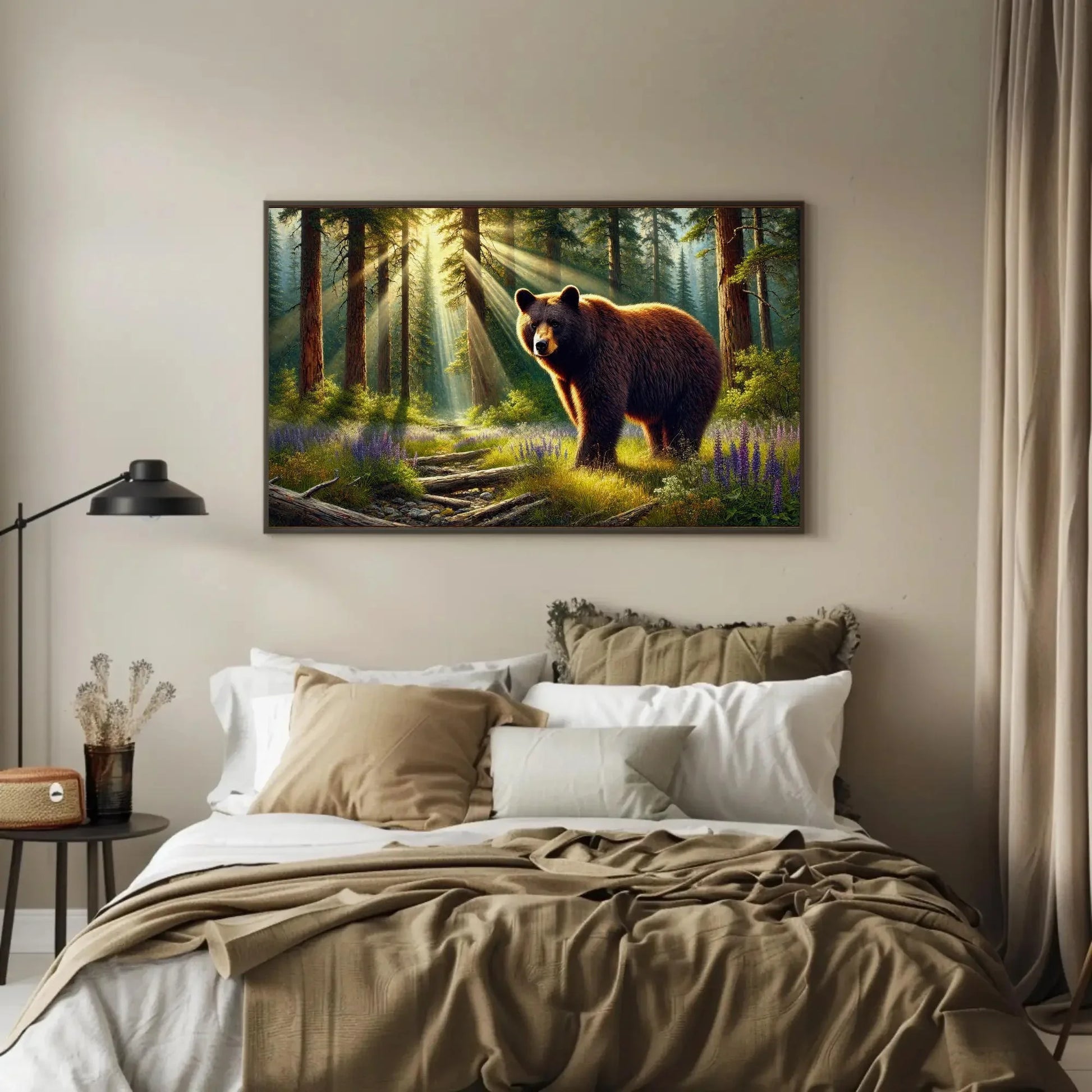 American Black Bear in Forest Rays and Meadow Wildflowers | Bear Wall Art Canvas Print | Framed Rustic Decor for Cabin Living Room Wall Art – Canvas Print