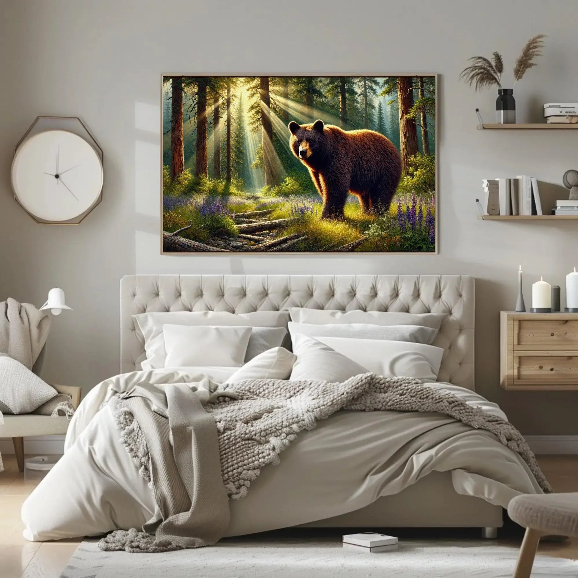 American Black Bear in Forest Rays and Meadow Wildflowers | Bear Wall Art Canvas Print | Framed Rustic Decor for Cabin Living Room Wall Art – Canvas Print