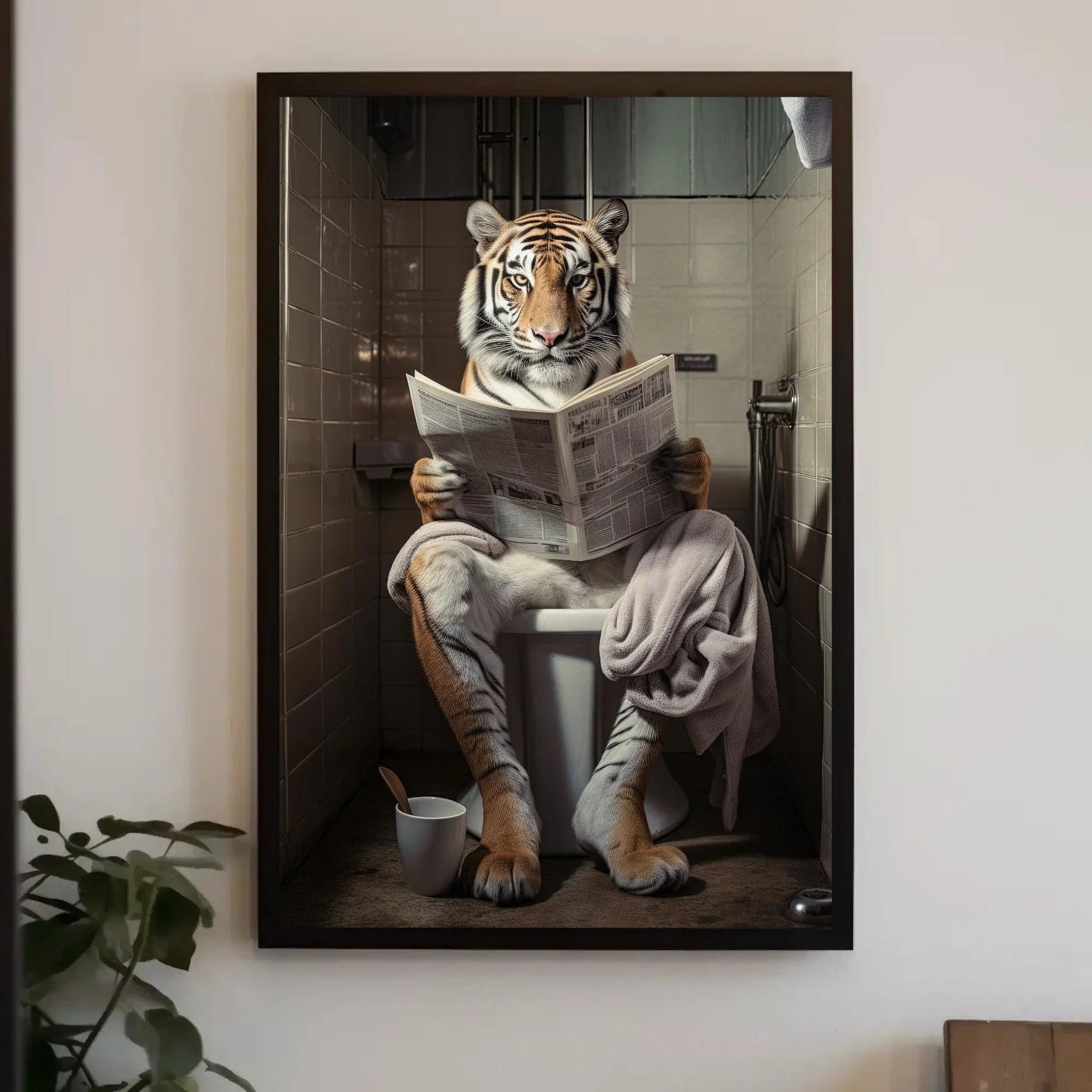 Majestic Tiger Reading Newspaper On The Toilet Animal Lovers Gift Canvas Painting Funny Bathroom Art Framed Print Wildlife Art Ready To Hang Wall Art – Canvas Print
