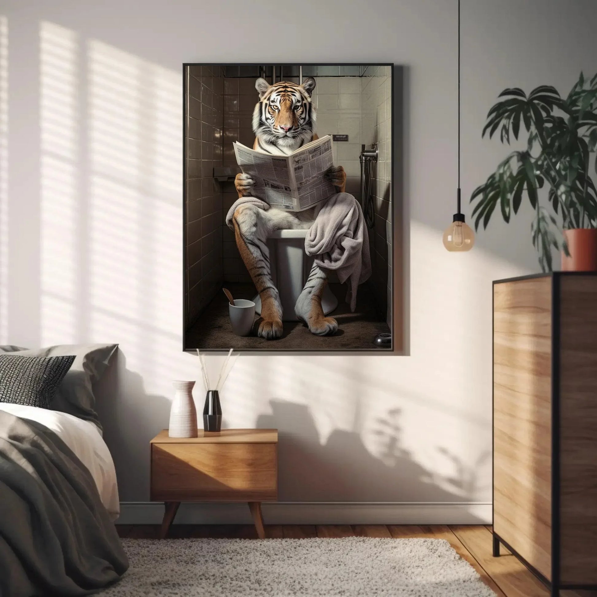 Majestic Tiger Reading Newspaper On The Toilet Animal Lovers Gift Canvas Painting Funny Bathroom Art Framed Print Wildlife Art Ready To Hang Wall Art – Canvas Print