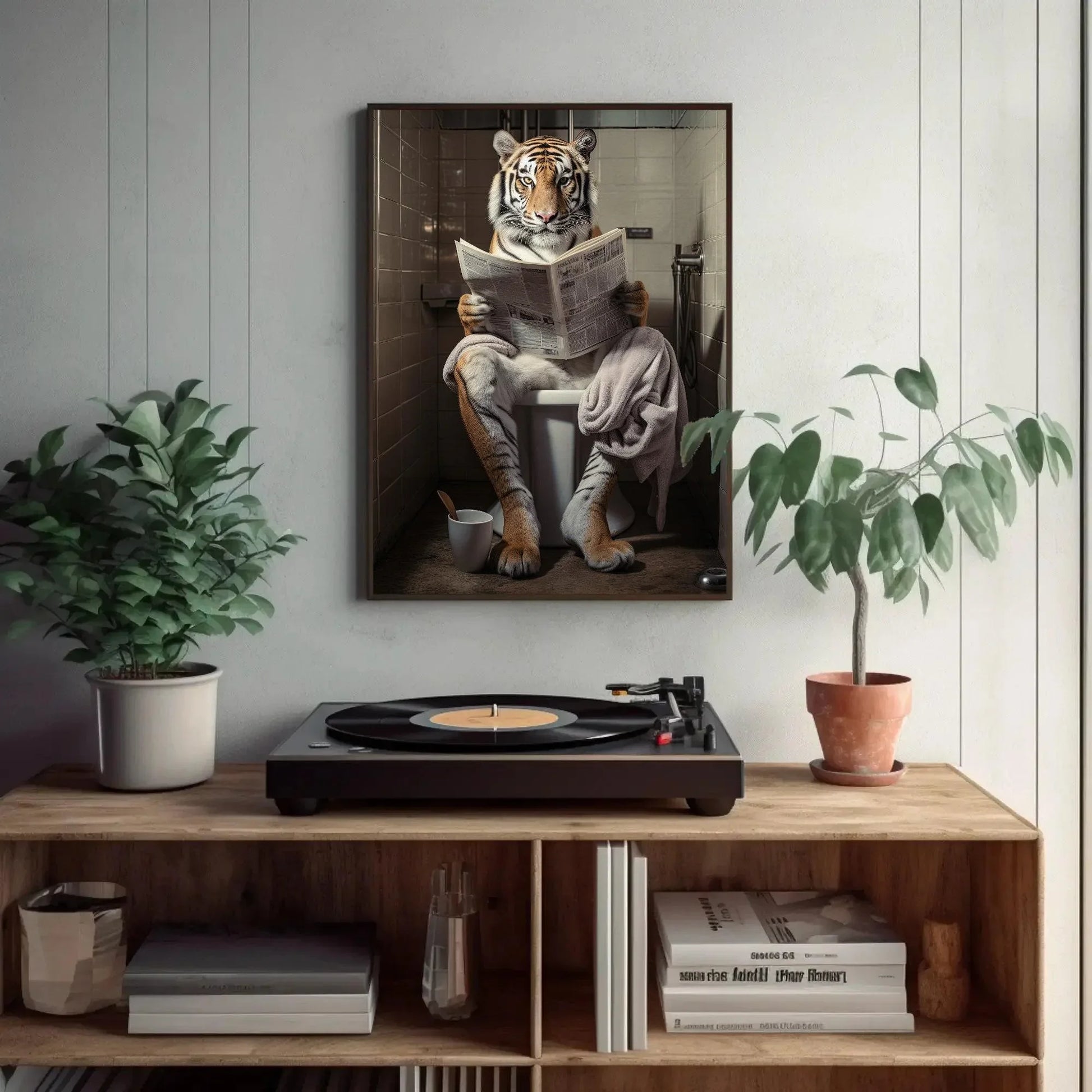 Majestic Tiger Reading Newspaper On The Toilet Animal Lovers Gift Canvas Painting Funny Bathroom Art Framed Print Wildlife Art Ready To Hang Wall Art – Canvas Print