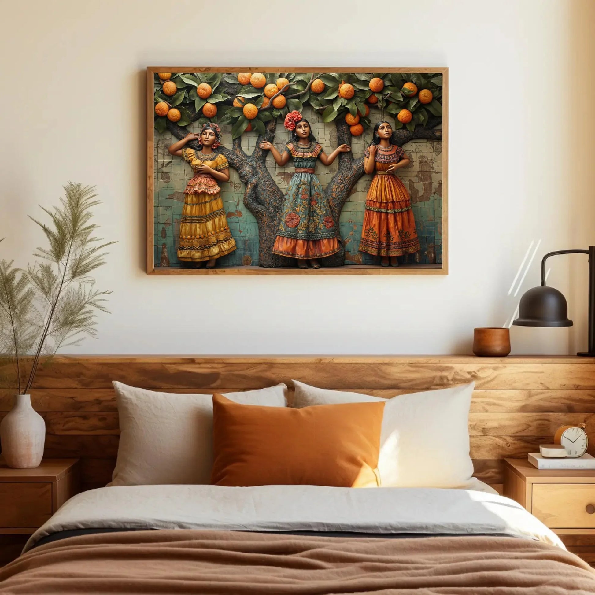 Three Mexican Woman under orange tree 3D illusion wall Decor Mexican Culture Art Modern Mexican Wall Decor large Canvas Print Ready to Hang Wall Art – Canvas Print