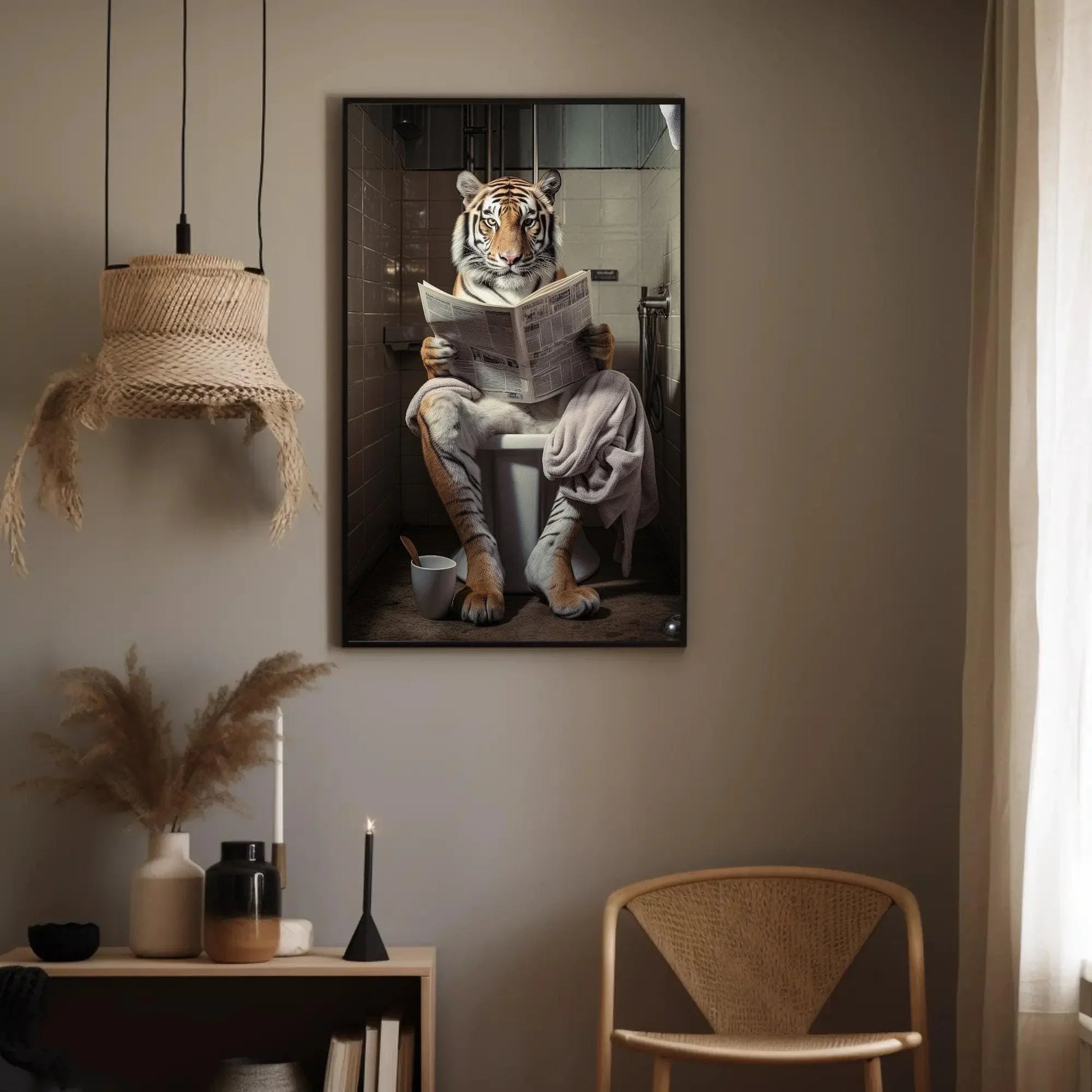 Majestic Tiger Reading Newspaper On The Toilet Animal Lovers Gift Canvas Painting Funny Bathroom Art Framed Print Wildlife Art Ready To Hang Wall Art – Canvas Print