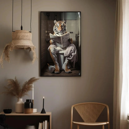 Majestic Tiger Reading Newspaper On The Toilet Animal Lovers Gift Canvas Painting Funny Bathroom Art Framed Print Wildlife Art Ready To Hang Wall Art – Canvas Print