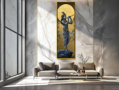 Lord Krishna Tall Canvas Painting, Hindu Spiritual Wall Decor, Krishna Playing Flute Under Golden Moon, Indian Art for Home, Ready to Hang Wall Art – Canvas Print