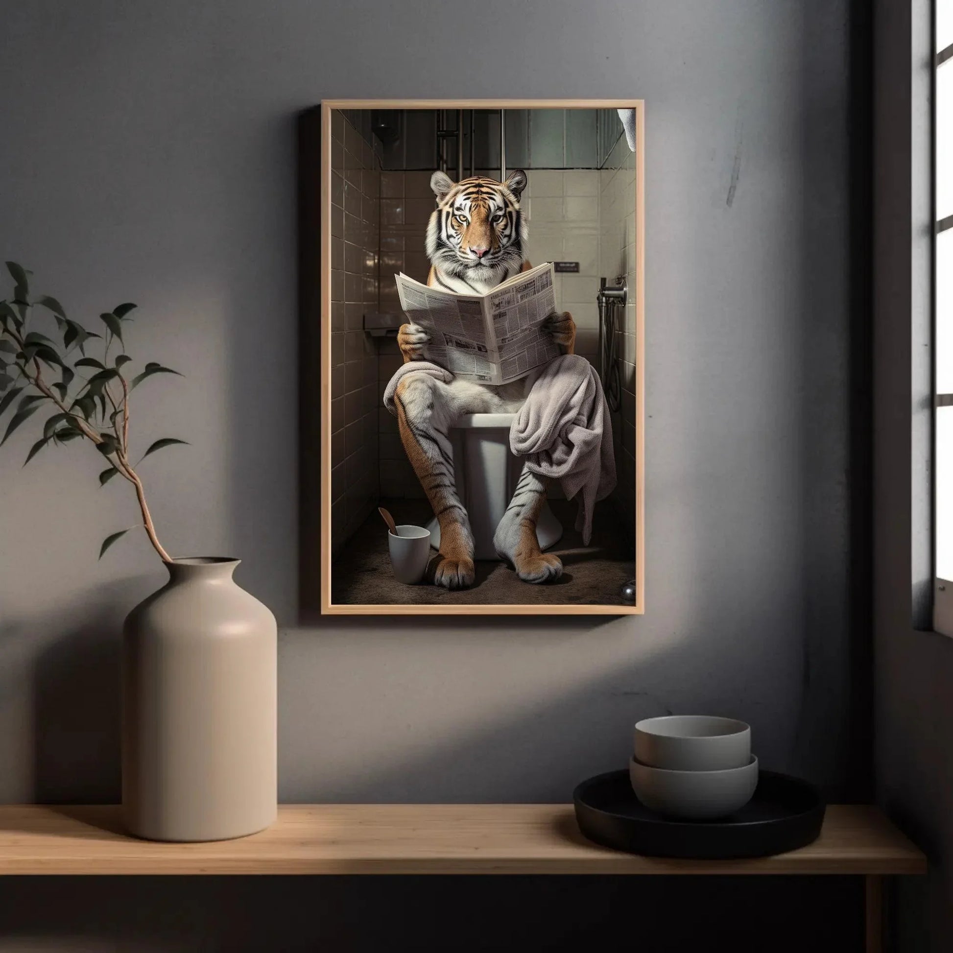 Majestic Tiger Reading Newspaper On The Toilet Animal Lovers Gift Canvas Painting Funny Bathroom Art Framed Print Wildlife Art Ready To Hang Wall Art – Canvas Print
