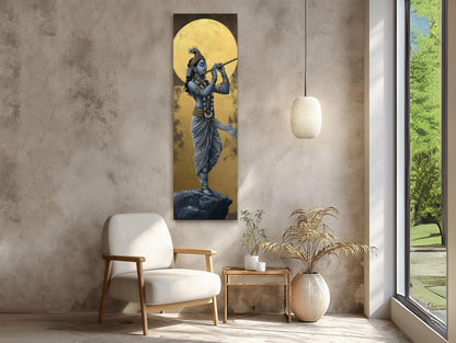 Lord Krishna Tall Canvas Painting, Hindu Spiritual Wall Decor, Krishna Playing Flute Under Golden Moon, Indian Art for Home, Ready to Hang Wall Art – Canvas Print