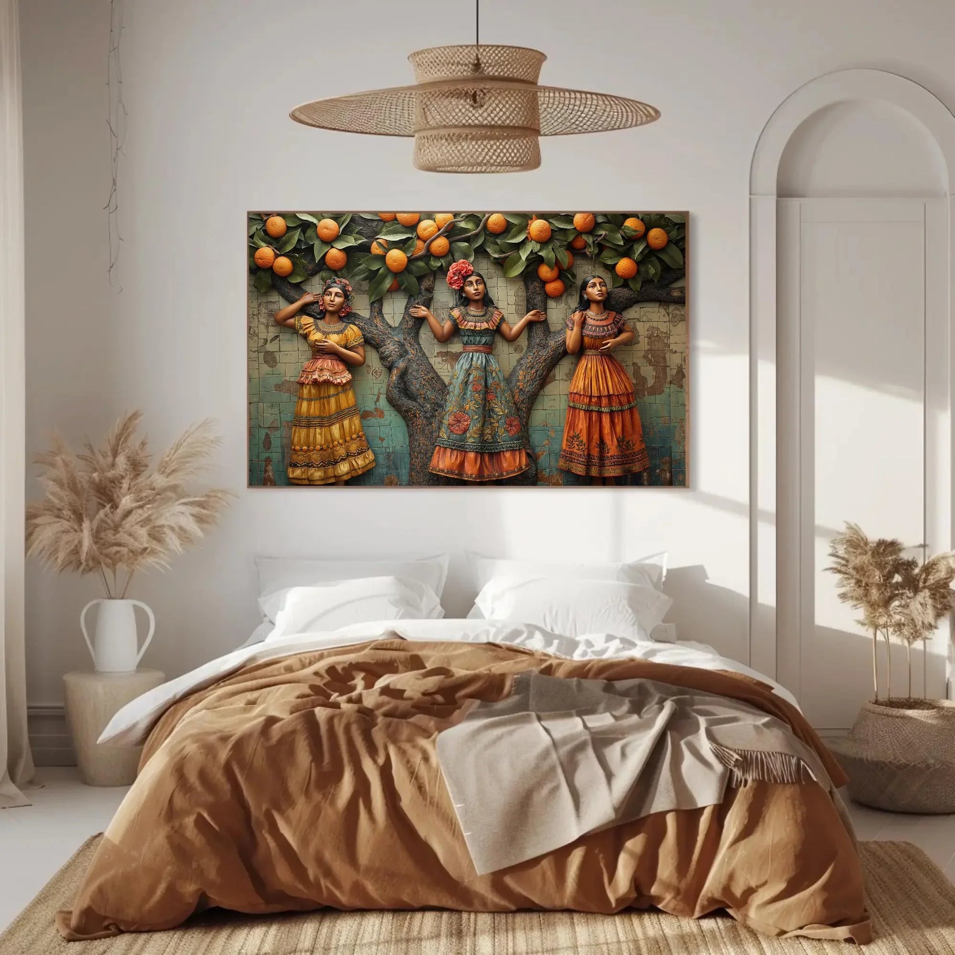 Three Mexican Woman under orange tree 3D illusion wall Decor Mexican Culture Art Modern Mexican Wall Decor large Canvas Print Ready to Hang Wall Art – Canvas Print