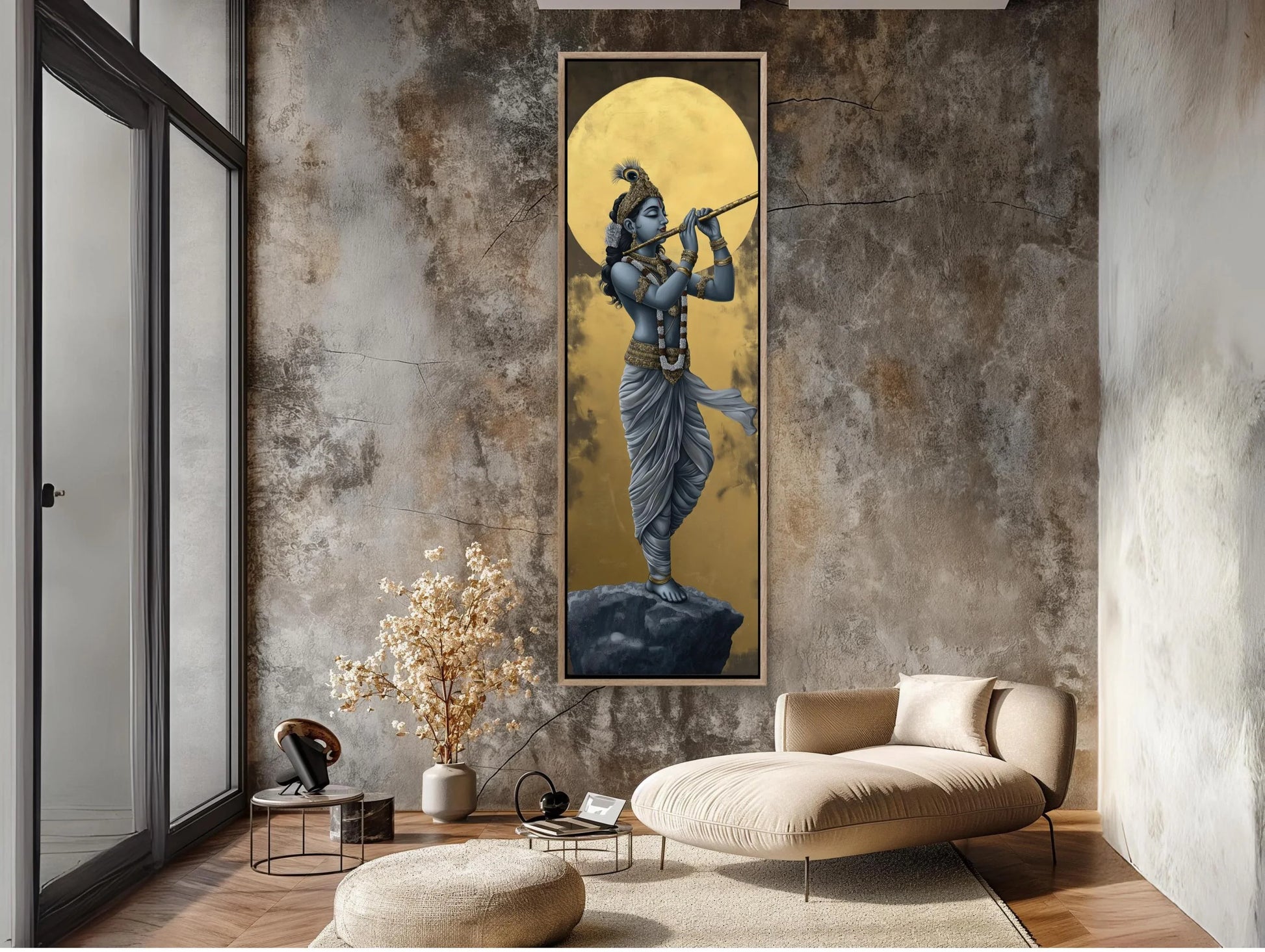 Lord Krishna Tall Canvas Painting, Hindu Spiritual Wall Decor, Krishna Playing Flute Under Golden Moon, Indian Art for Home, Ready to Hang Wall Art – Canvas Print