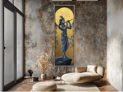 Lord Krishna Tall Canvas Painting, Hindu Spiritual Wall Decor, Krishna Playing Flute Under Golden Moon, Indian Art for Home, Ready to Hang Wall Art – Canvas Print