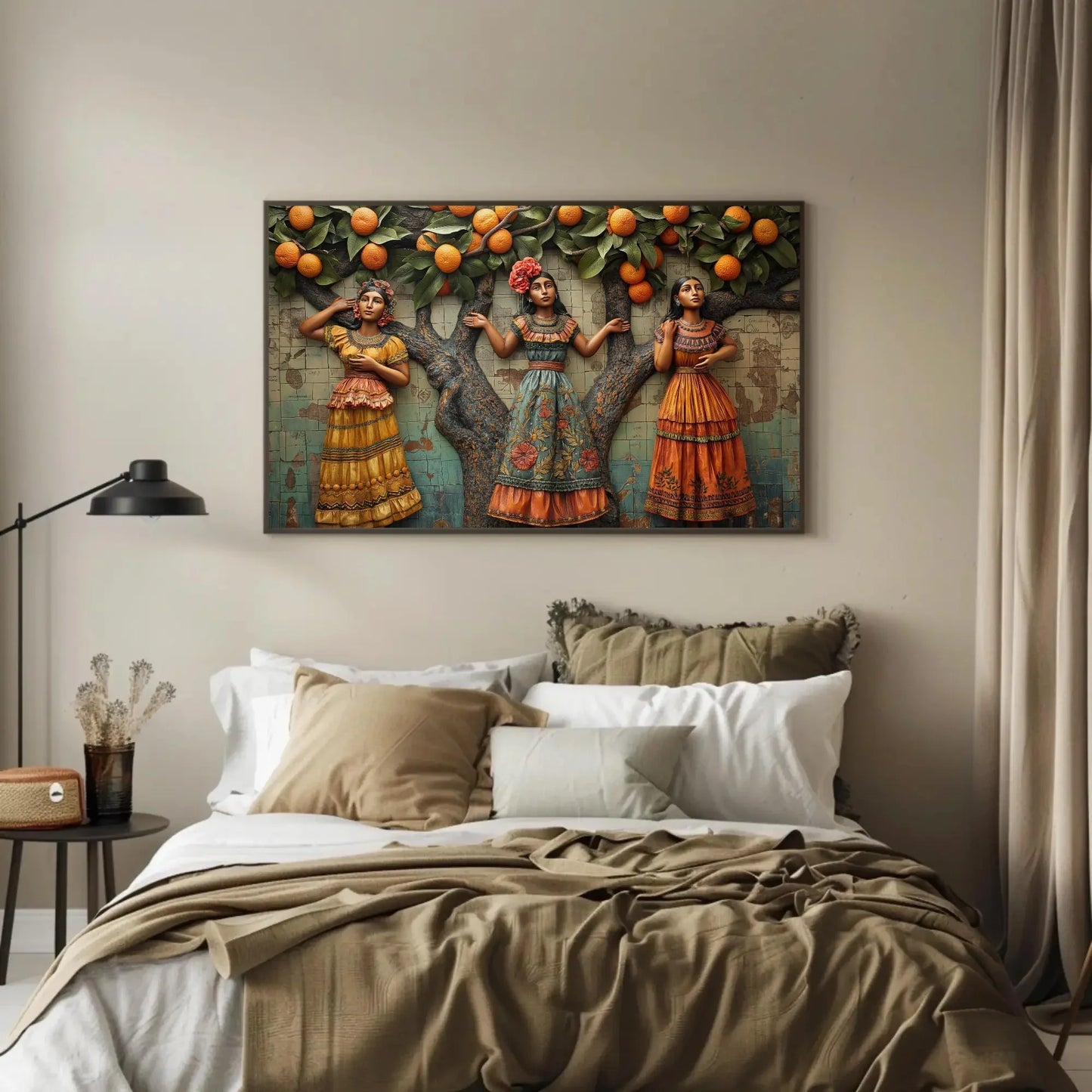 Three Mexican Woman under orange tree 3D illusion wall Decor Mexican Culture Art Modern Mexican Wall Decor large Canvas Print Ready to Hang Wall Art – Canvas Print