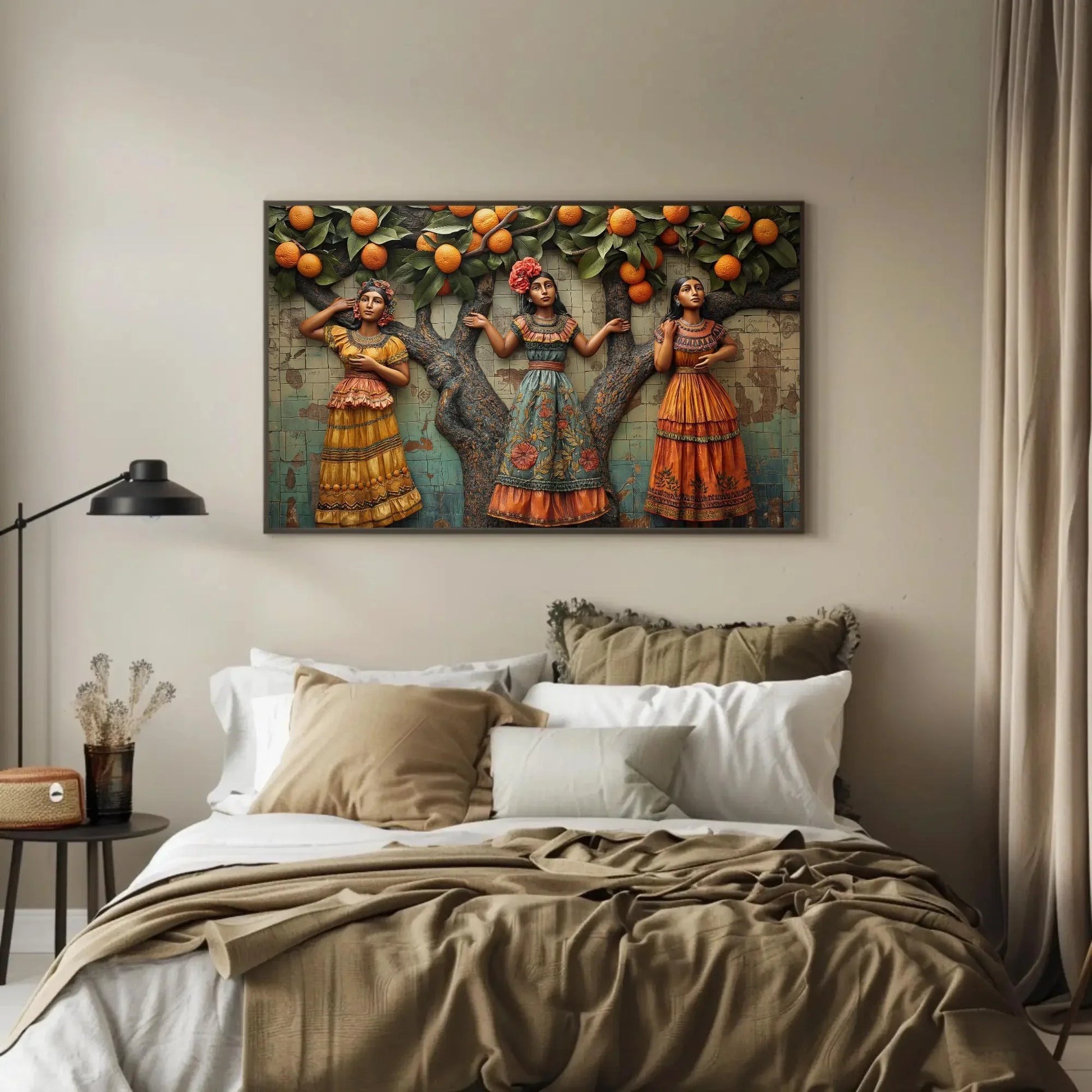 Three Mexican Woman under orange tree 3D illusion wall Decor Mexican Culture Art Modern Mexican Wall Decor large Canvas Print Ready to Hang Wall Art – Canvas Print