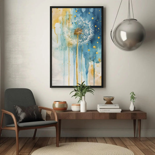 Dandelion Wall Art, Gold Indigo Decor, Framed Large Canvas Decor, Rustic Wall Decor, Plant Wall Decor, Ready To Hang Wall Art – Canvas Print