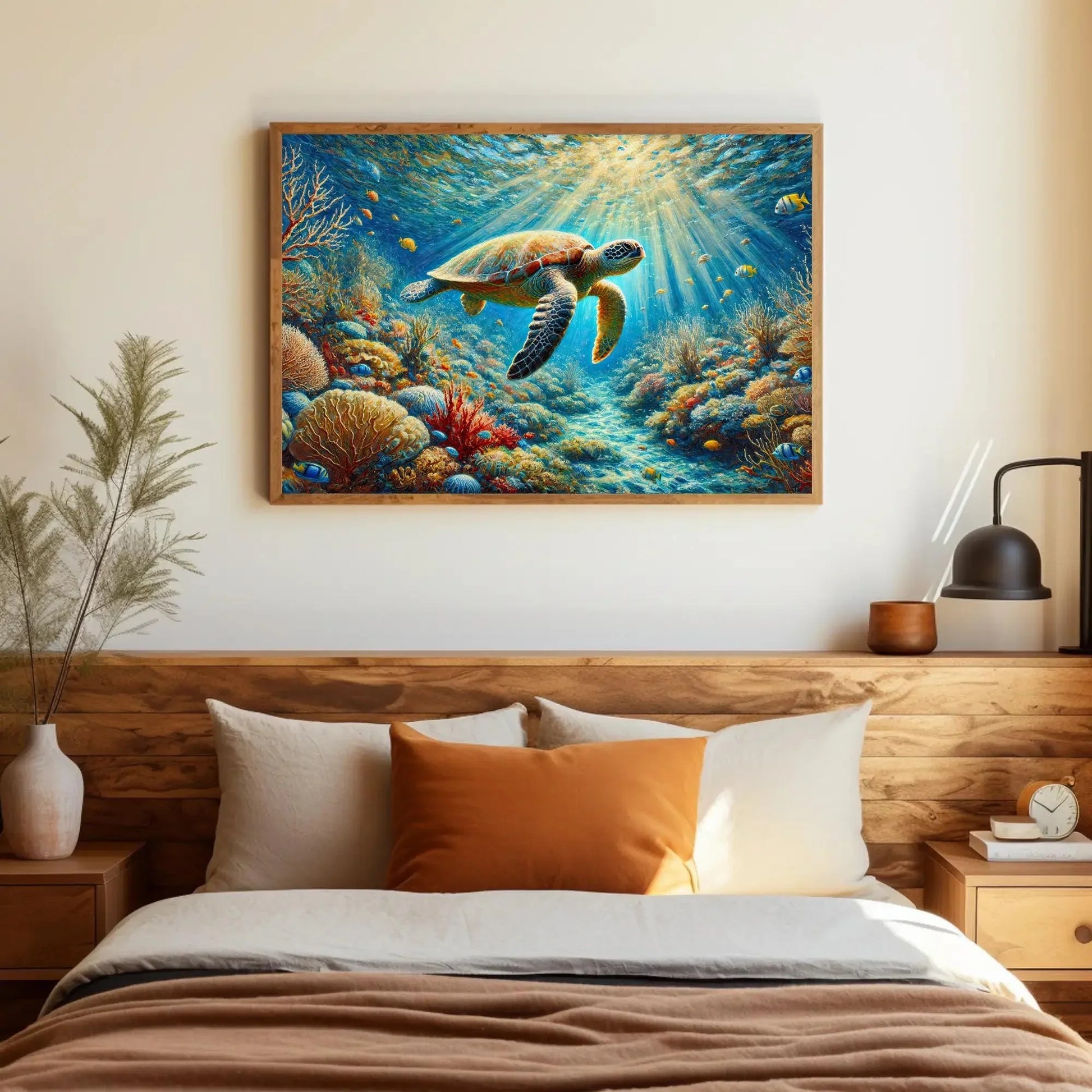 Serene Sea Turtle in a Coral Reef Canvas Print | Underwater Wildlife Oil Painting | Nature Wall Art for Living Room Bedroom | Ready to Hang Wall Art – Canvas Print