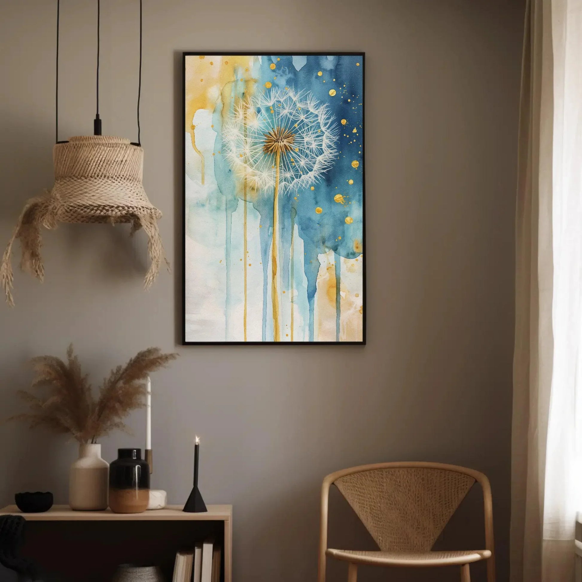 Dandelion Wall Art, Gold Indigo Decor, Framed Large Canvas Decor, Rustic Wall Decor, Plant Wall Decor, Ready To Hang Wall Art – Canvas Print