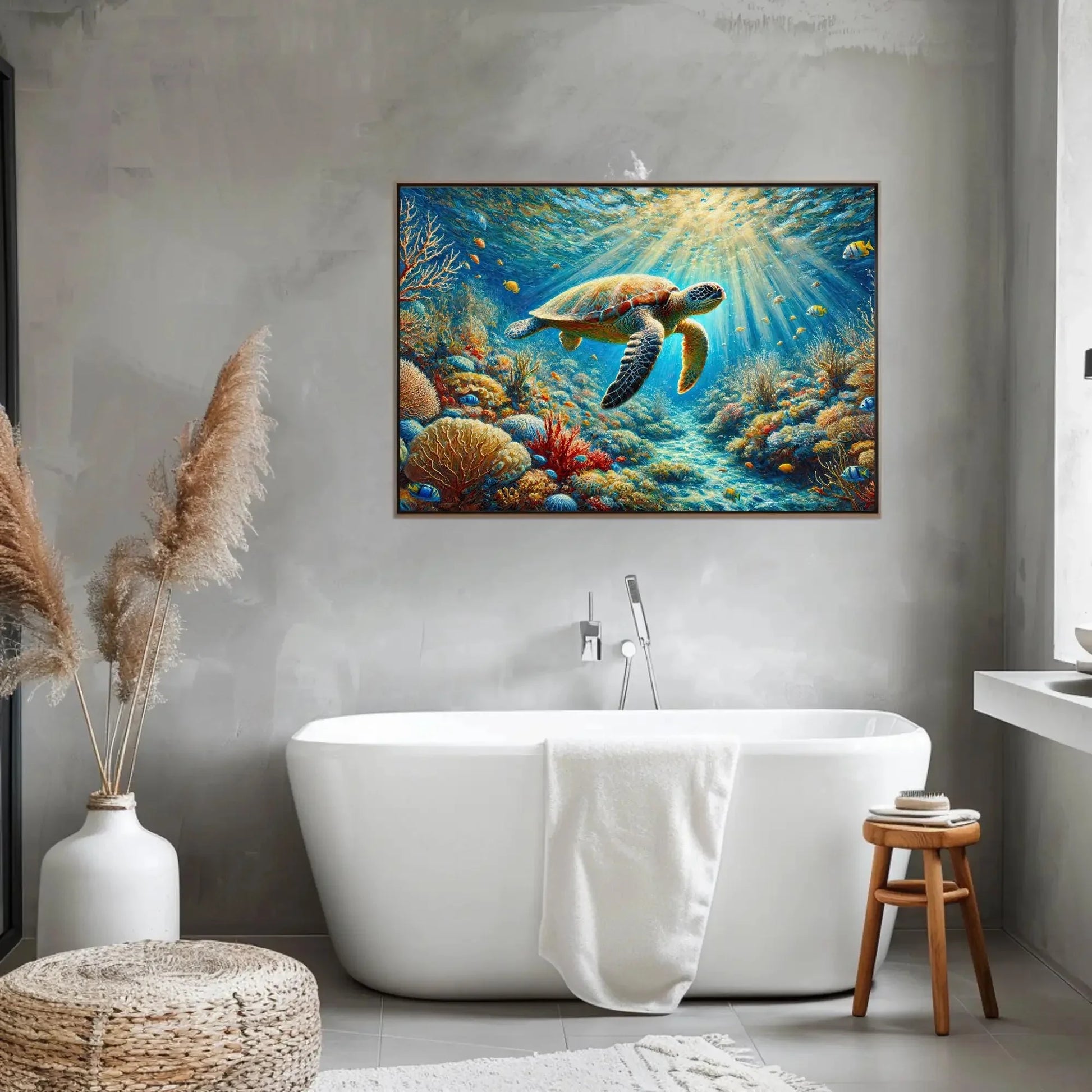 Serene Sea Turtle in a Coral Reef Canvas Print | Underwater Wildlife Oil Painting | Nature Wall Art for Living Room Bedroom | Ready to Hang Wall Art – Canvas Print