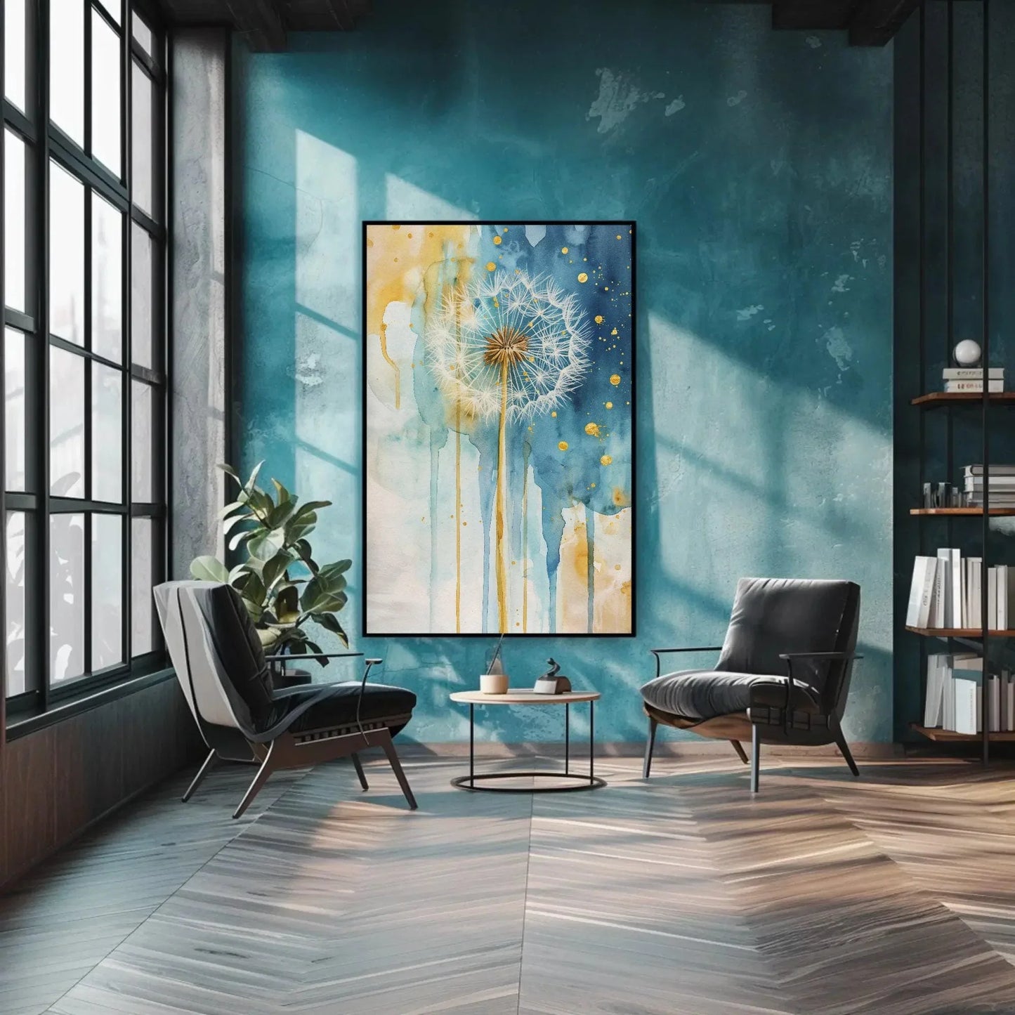 Dandelion Wall Art, Gold Indigo Decor, Framed Large Canvas Decor, Rustic Wall Decor, Plant Wall Decor, Ready To Hang Wall Art – Canvas Print