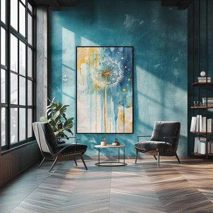 Dandelion Wall Art, Gold Indigo Decor, Framed Large Canvas Decor, Rustic Wall Decor, Plant Wall Decor, Ready To Hang Wall Art – Canvas Print
