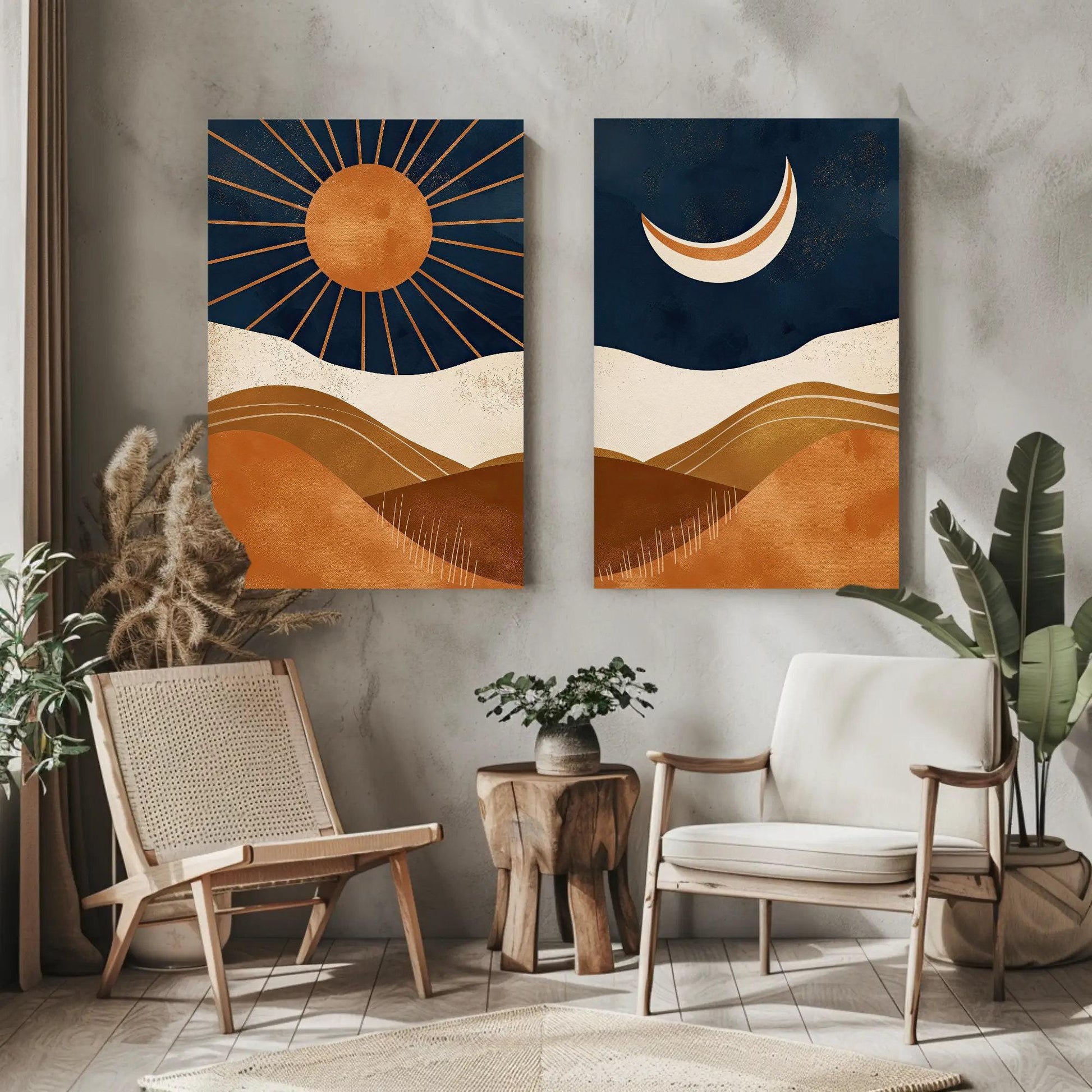 Boho Chic Sun And Moon Canvas Art Set Of 2 - Abstract Mid-Century Modern Wall Decor, Unframed Sunset Posters For Living Room & Bedroom Wall Art – Canvas Print