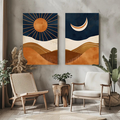 Boho Chic Sun And Moon Canvas Art Set Of 2 - Abstract Mid-Century Modern Wall Decor, Unframed Sunset Posters For Living Room & Bedroom Wall Art – Canvas Print