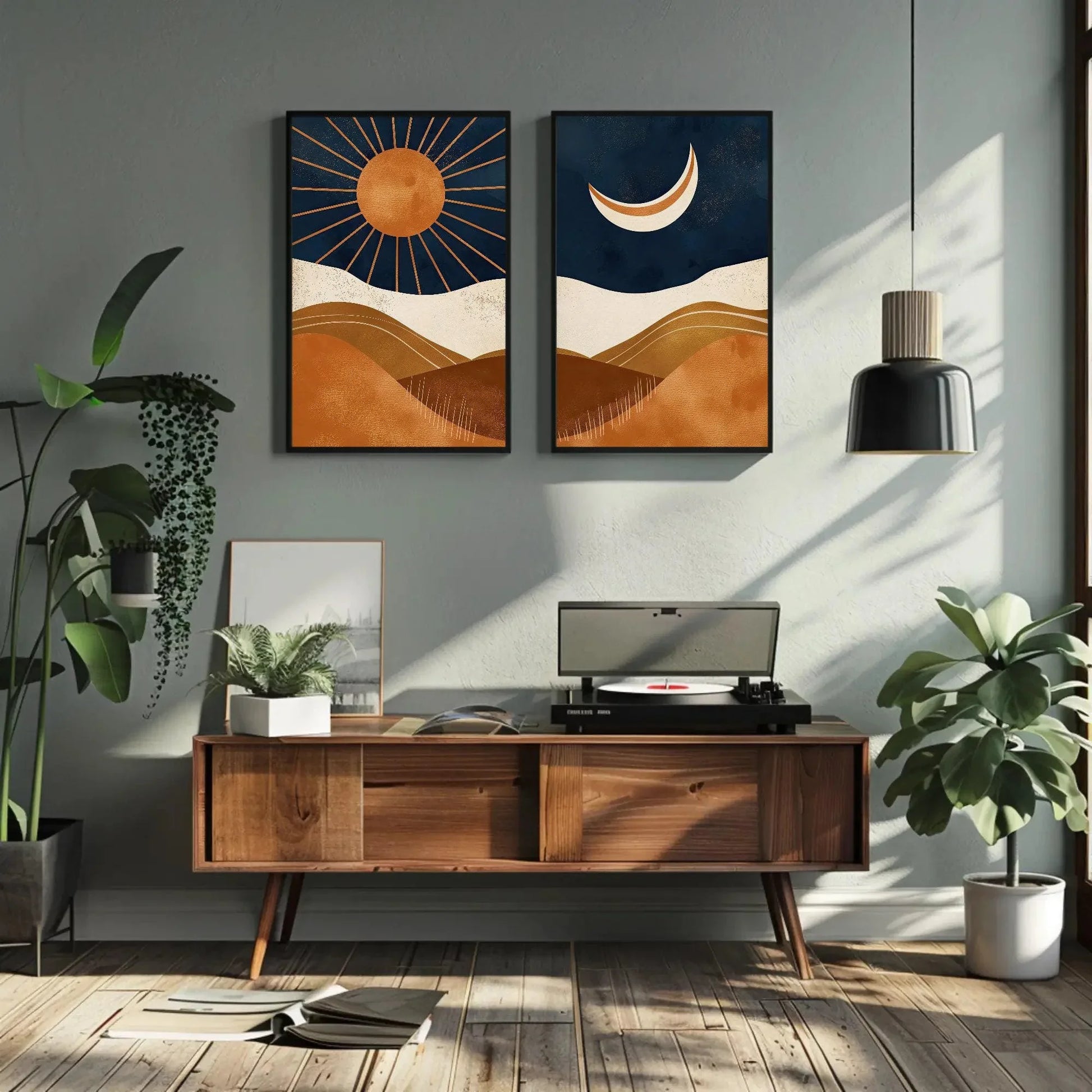 Boho Chic Sun And Moon Canvas Art Set Of 2 - Abstract Mid-Century Modern Wall Decor, Unframed Sunset Posters For Living Room & Bedroom Wall Art – Canvas Print