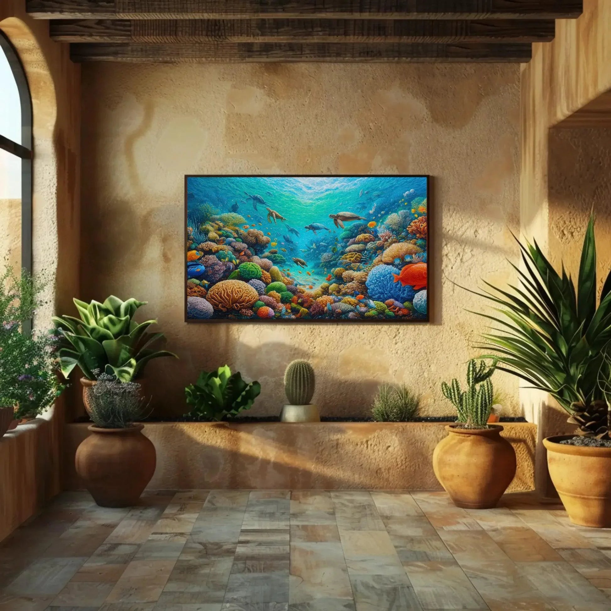 Coastal Reef with Marine Life Canvas Painting, Blue Ocean Framed Print, Underwater Scene Art, Ideal for Living Room, Bedroom, Office Decor Wall Art – Canvas Print