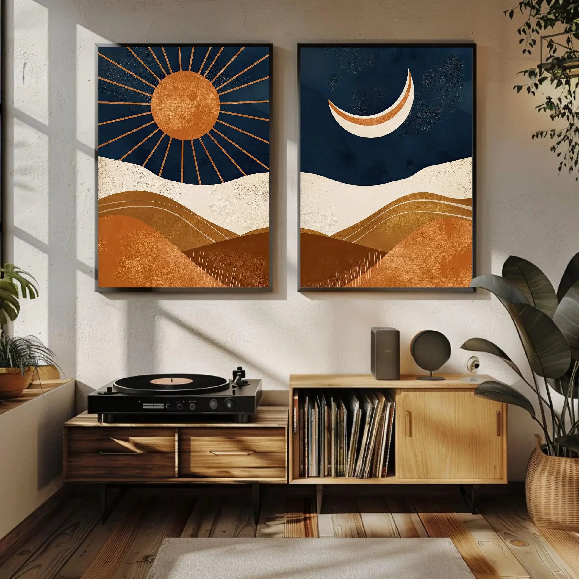 Boho Chic Sun And Moon Canvas Art Set Of 2 - Abstract Mid-Century Modern Wall Decor, Unframed Sunset Posters For Living Room & Bedroom Wall Art – Canvas Print
