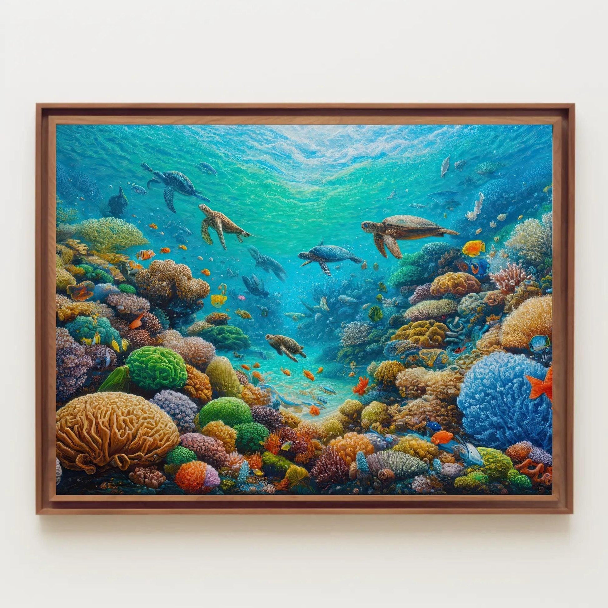Coastal Reef with Marine Life Canvas Painting, Blue Ocean Framed Print, Underwater Scene Art, Ideal for Living Room, Bedroom, Office Decor Wall Art – Canvas Print