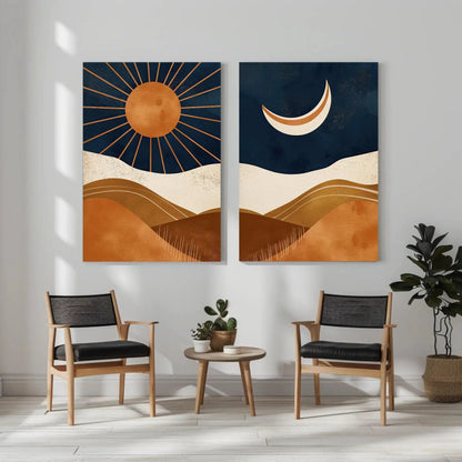 Boho Chic Sun And Moon Canvas Art Set Of 2 - Abstract Mid-Century Modern Wall Decor, Unframed Sunset Posters For Living Room & Bedroom Wall Art – Canvas Print