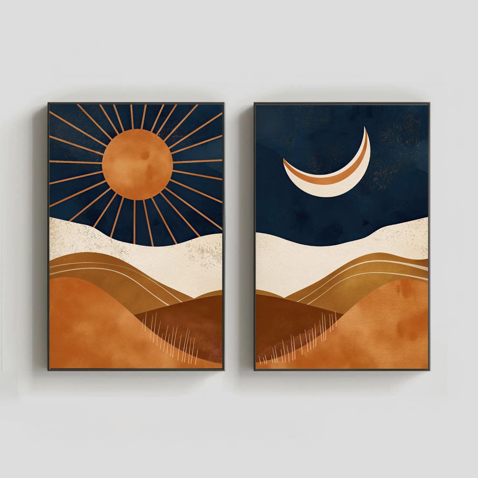 Boho Chic Sun And Moon Canvas Art Set Of 2 - Abstract Mid-Century Modern Wall Decor, Unframed Sunset Posters For Living Room & Bedroom Wall Art – Canvas Print