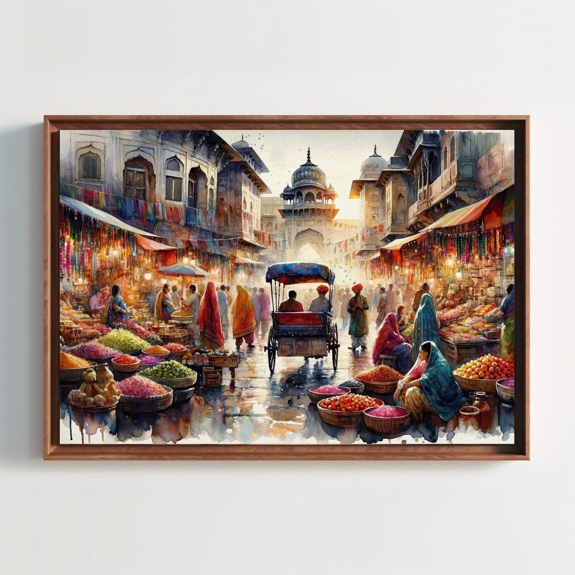 Indian Bazaar Painting, Framed Canvas Print, Spices Herbs Market, Indian Wall Art, Indian Painting, India Landscape, Indian Art Poster Wall Art – Canvas Print