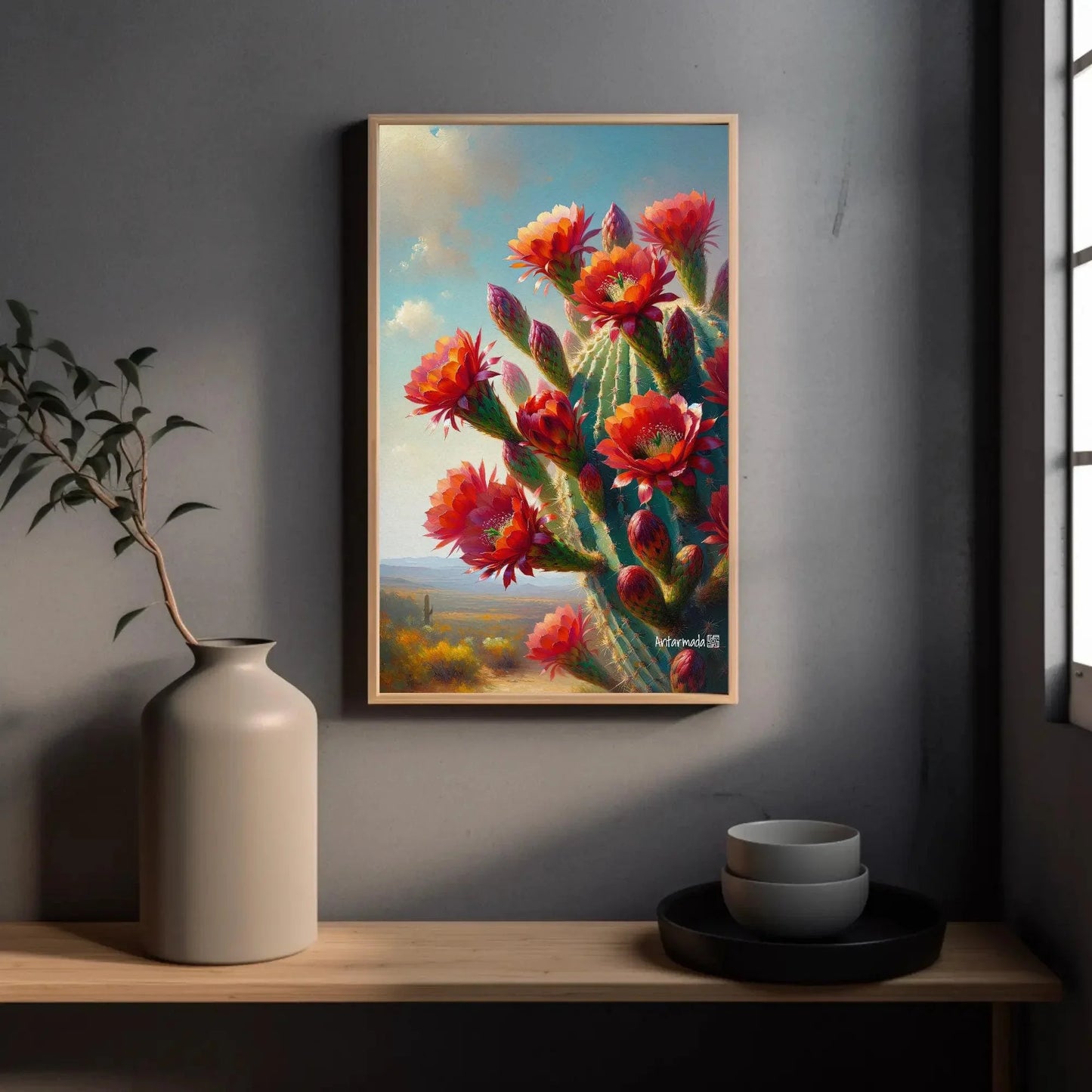 Blooming Red cactus flowers Vertical Painting, South Wester Decor, Mexican Cactus Art, Desert Framed Print, Large Canvas, Ready to Hang Wall Art – Canvas Print