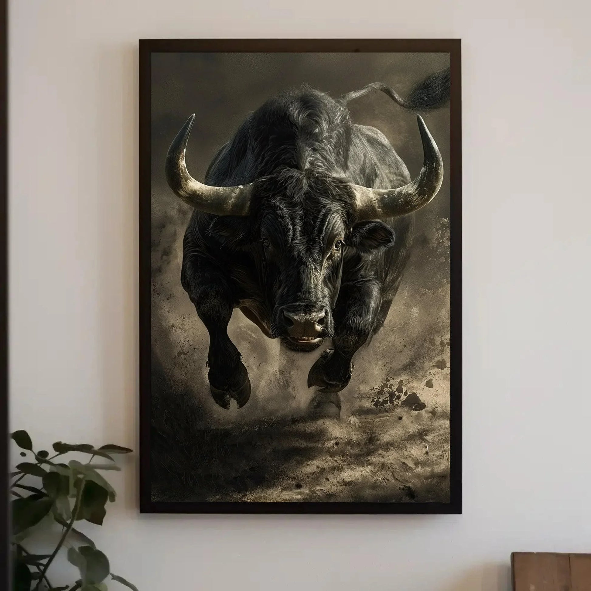 Black Angry Bull Running Framed Canvas Wall Art - Bull Wall Art - Man Cave Wall Decor - Animal Wall Art - Ready To Hang Wall Art – Canvas Print