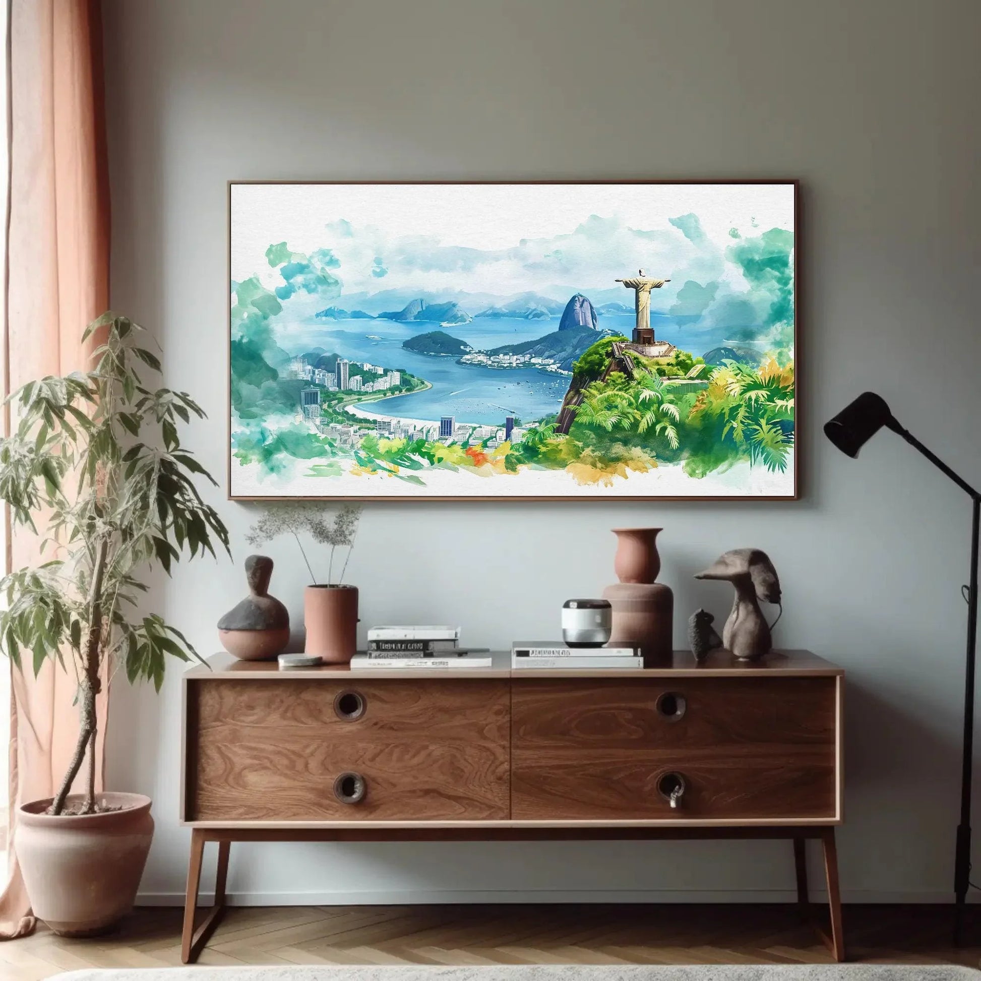 Rio de Janeiro Watercolor Print, Christ the Redeemer Large Canvas Print, Brazilian Home Decor, Brazil Art, Framed Poster Ready To Hang Wall Art – Canvas Print